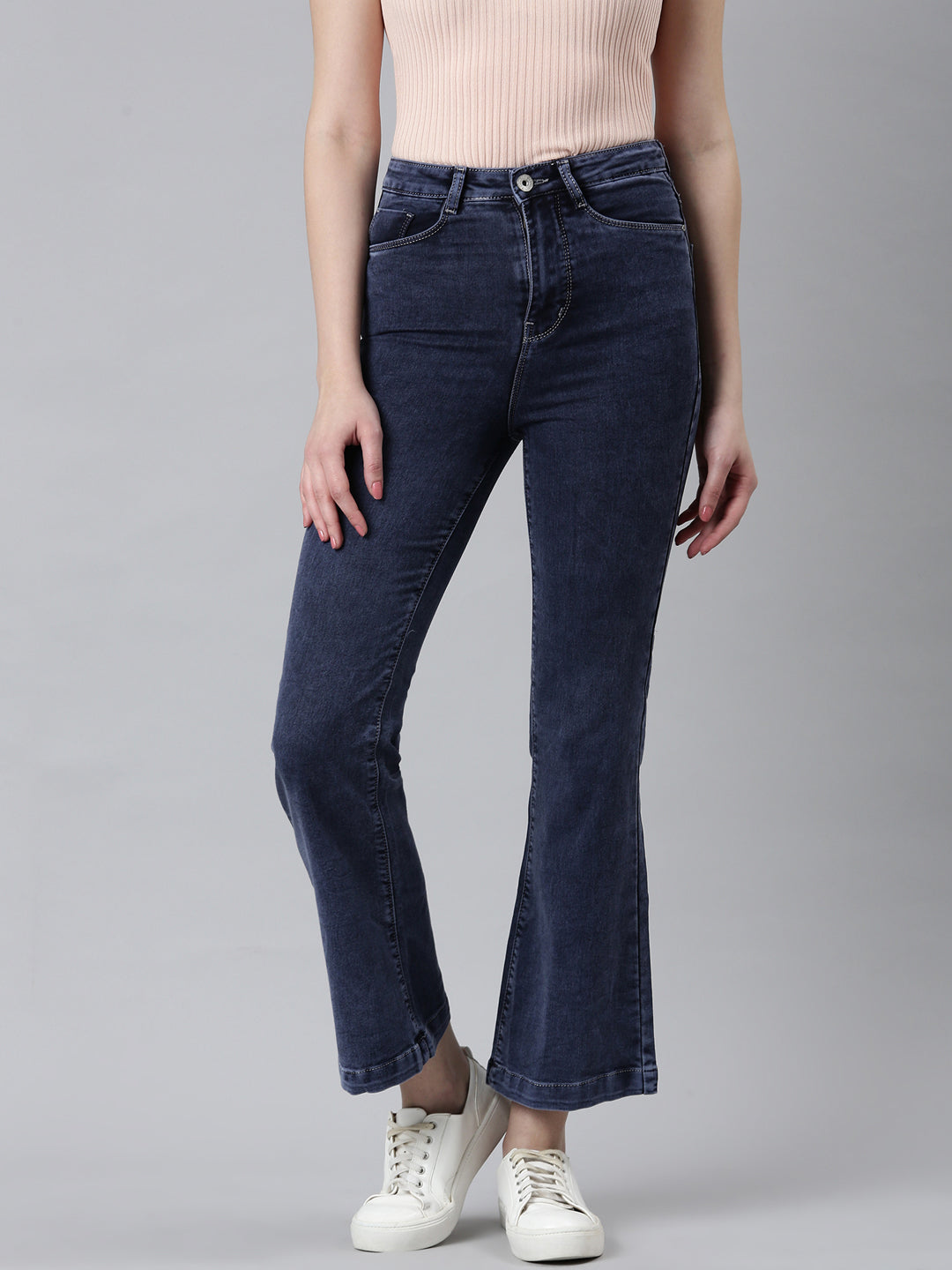 Women Navy Blue Solid Flared Denim Jeans