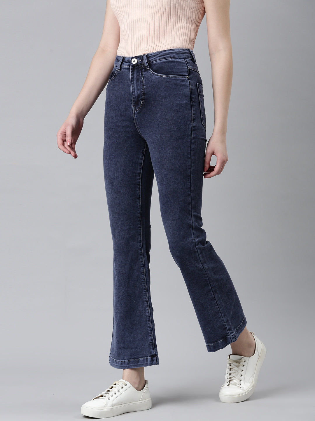 Women Navy Blue Solid Flared Denim Jeans