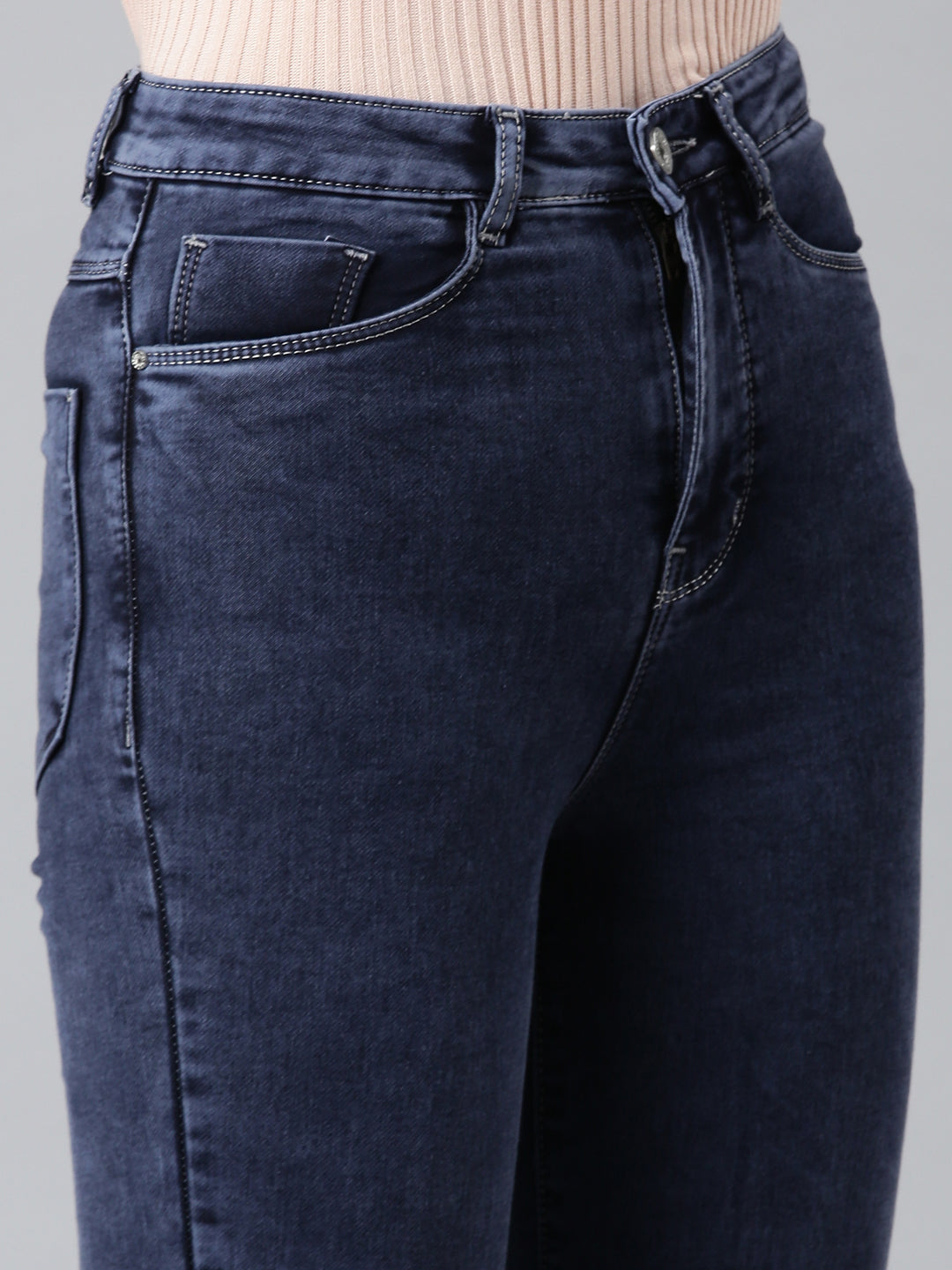 Women Navy Blue Solid Flared Denim Jeans