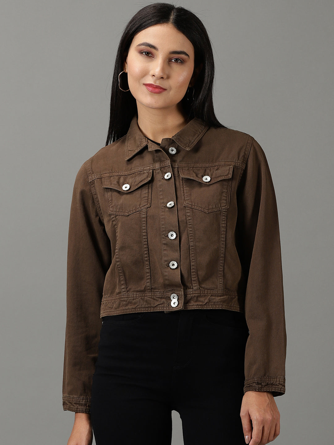 Women's Brown Spread Collar Crop Denim Jacket