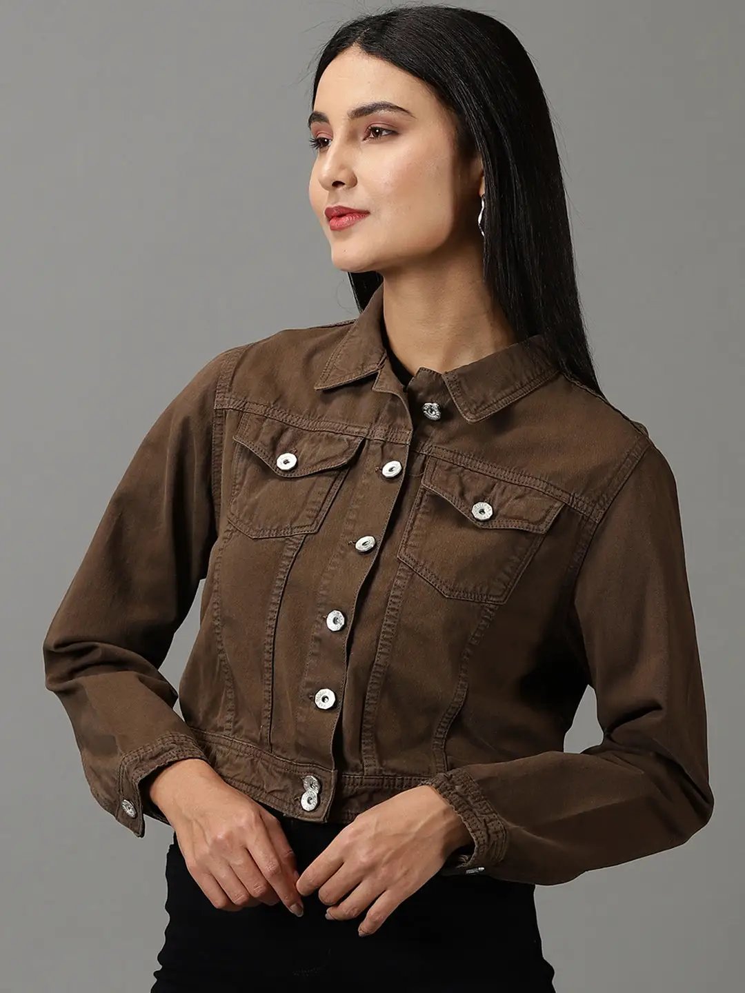 Women's Brown Spread Collar Crop Denim Jacket