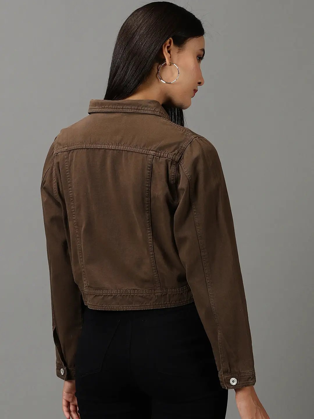 Women's Brown Spread Collar Crop Denim Jacket
