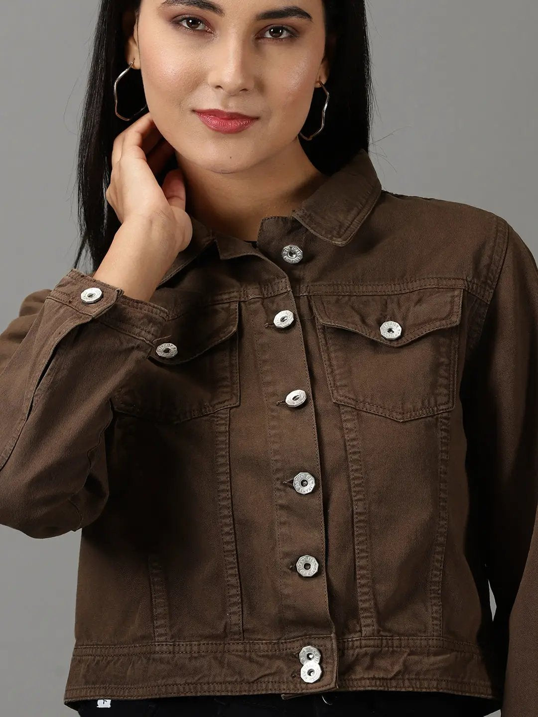 Women's Brown Spread Collar Crop Denim Jacket