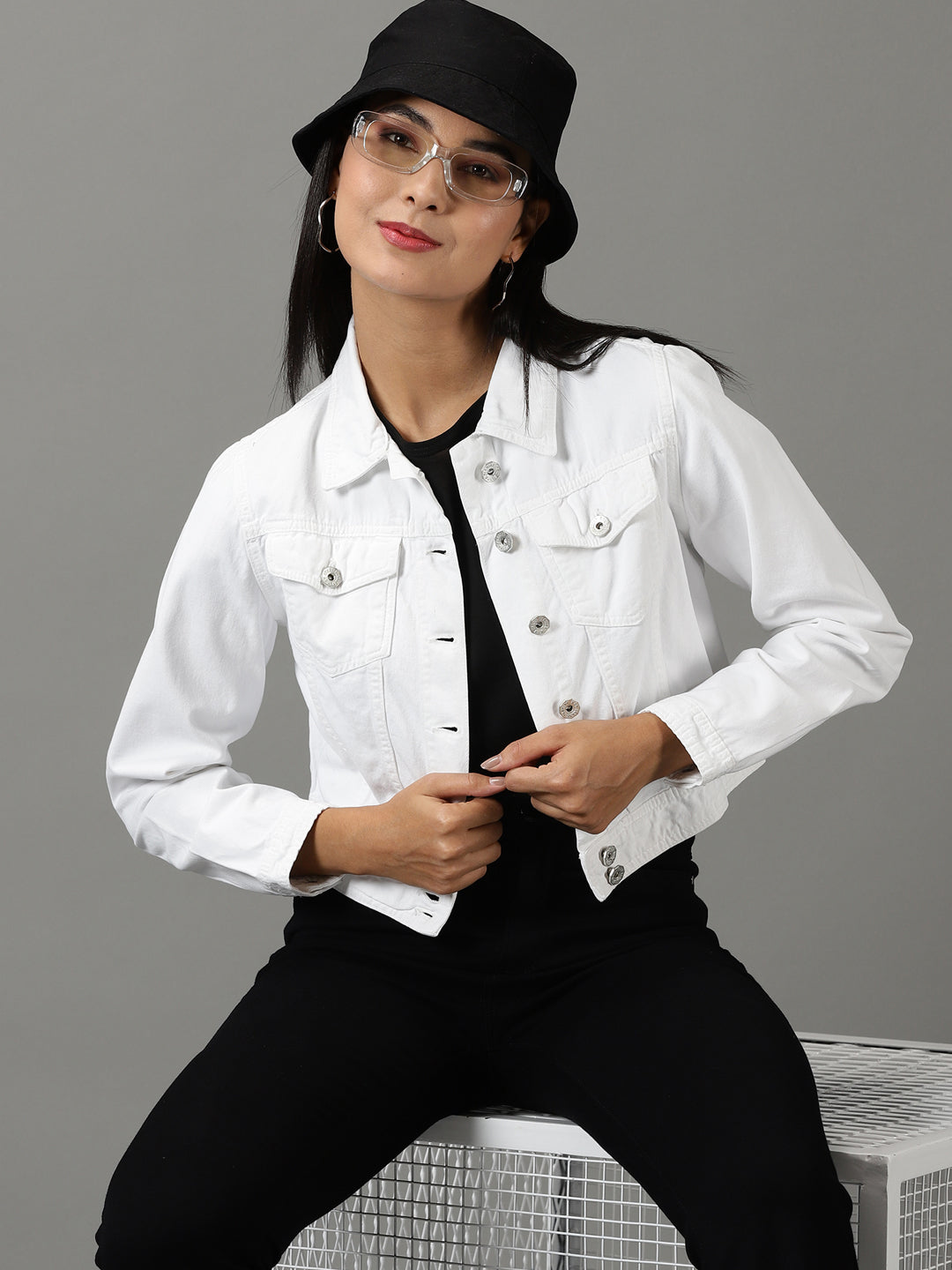 Women's White Solid Denim Jacket