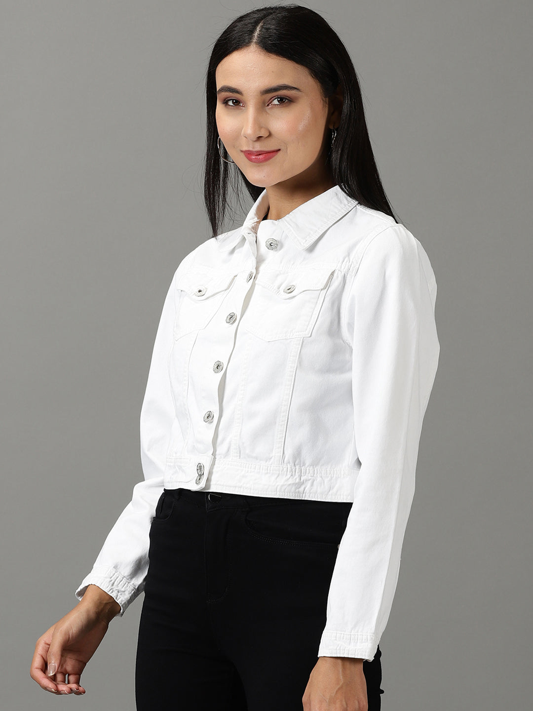 Women's White Solid Denim Jacket