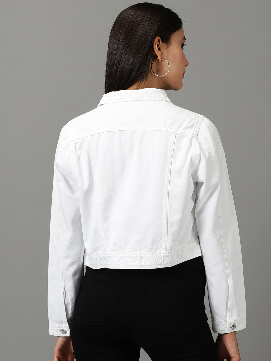 Women's White Solid Denim Jacket