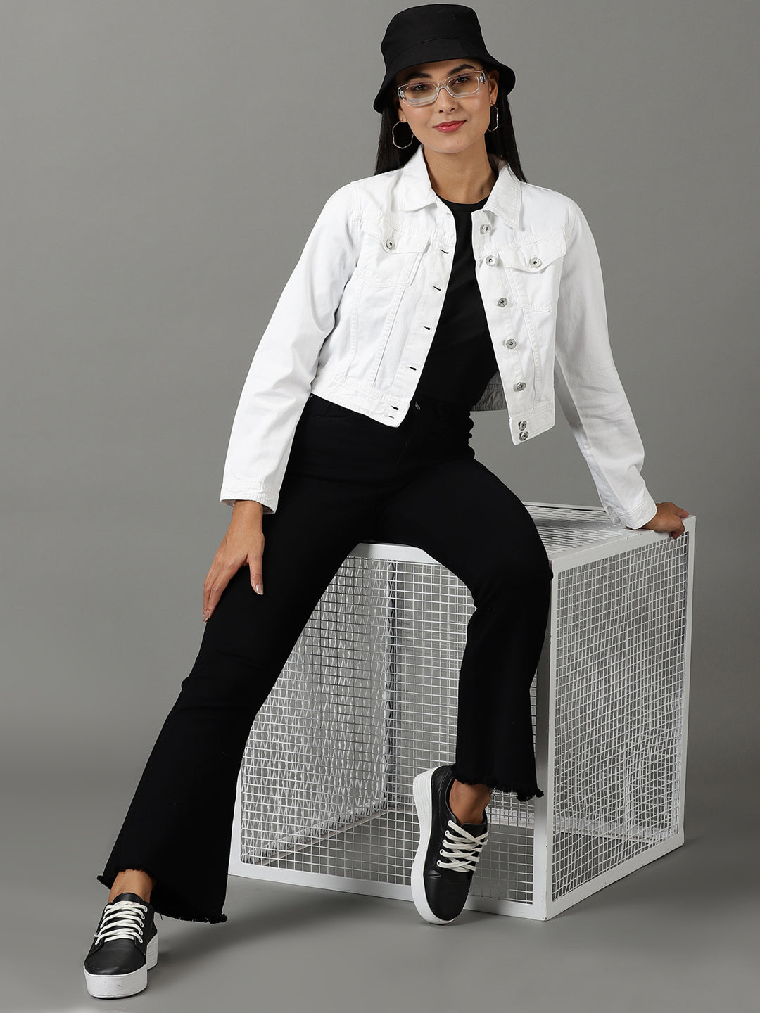 Women's White Solid Denim Jacket