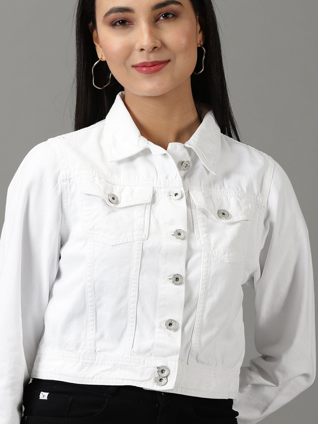 Women's White Solid Denim Jacket