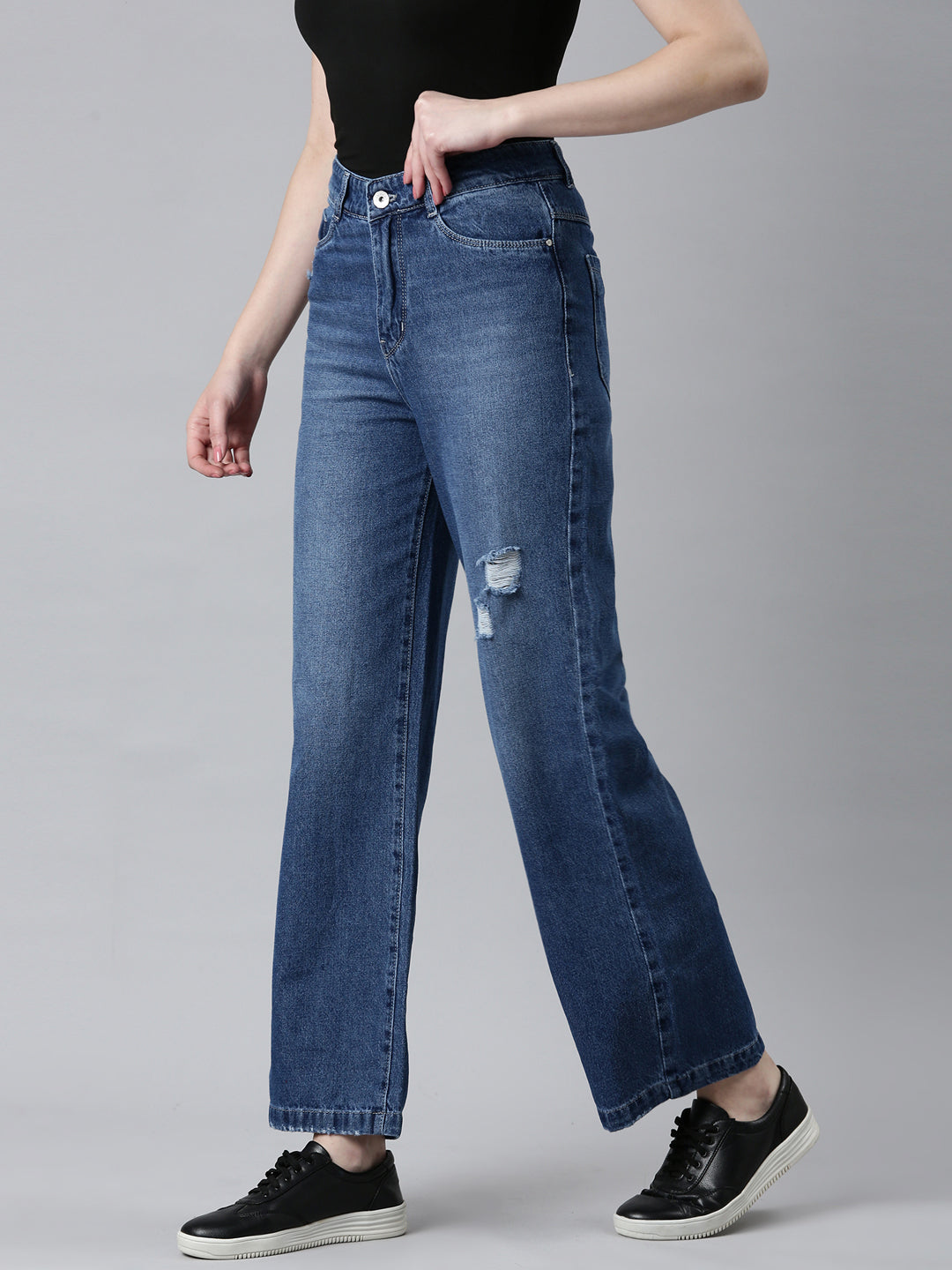 Women Blue Solid Wide Leg Denim Jeans