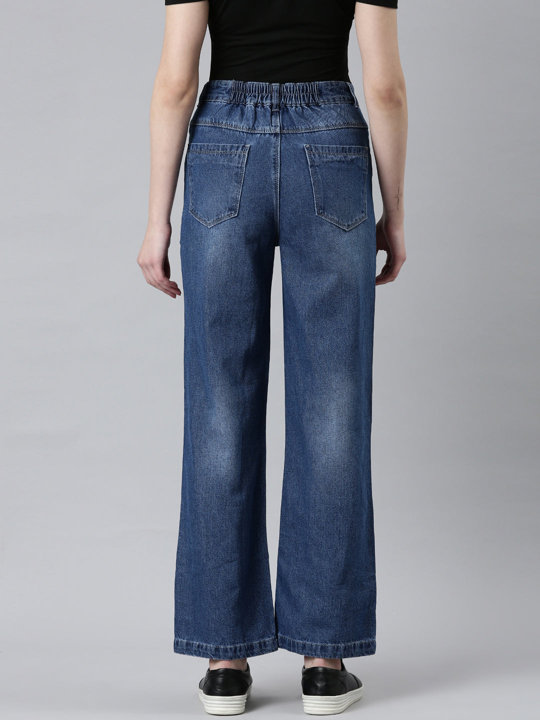 Women Blue Solid Wide Leg Denim Jeans