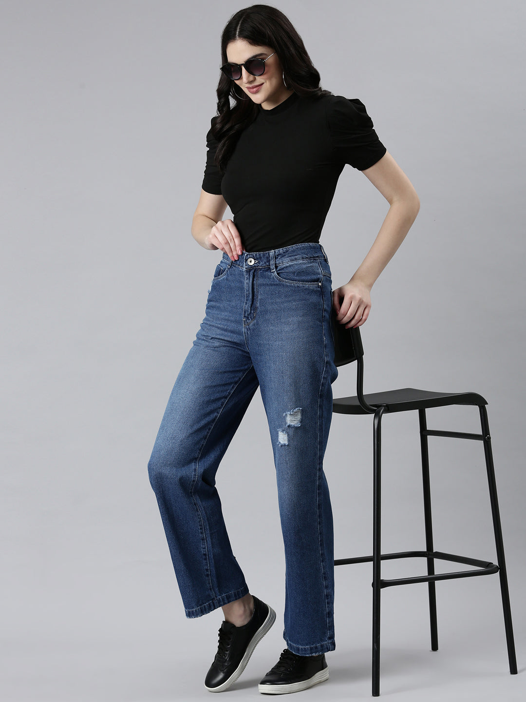 Women Blue Solid Wide Leg Denim Jeans