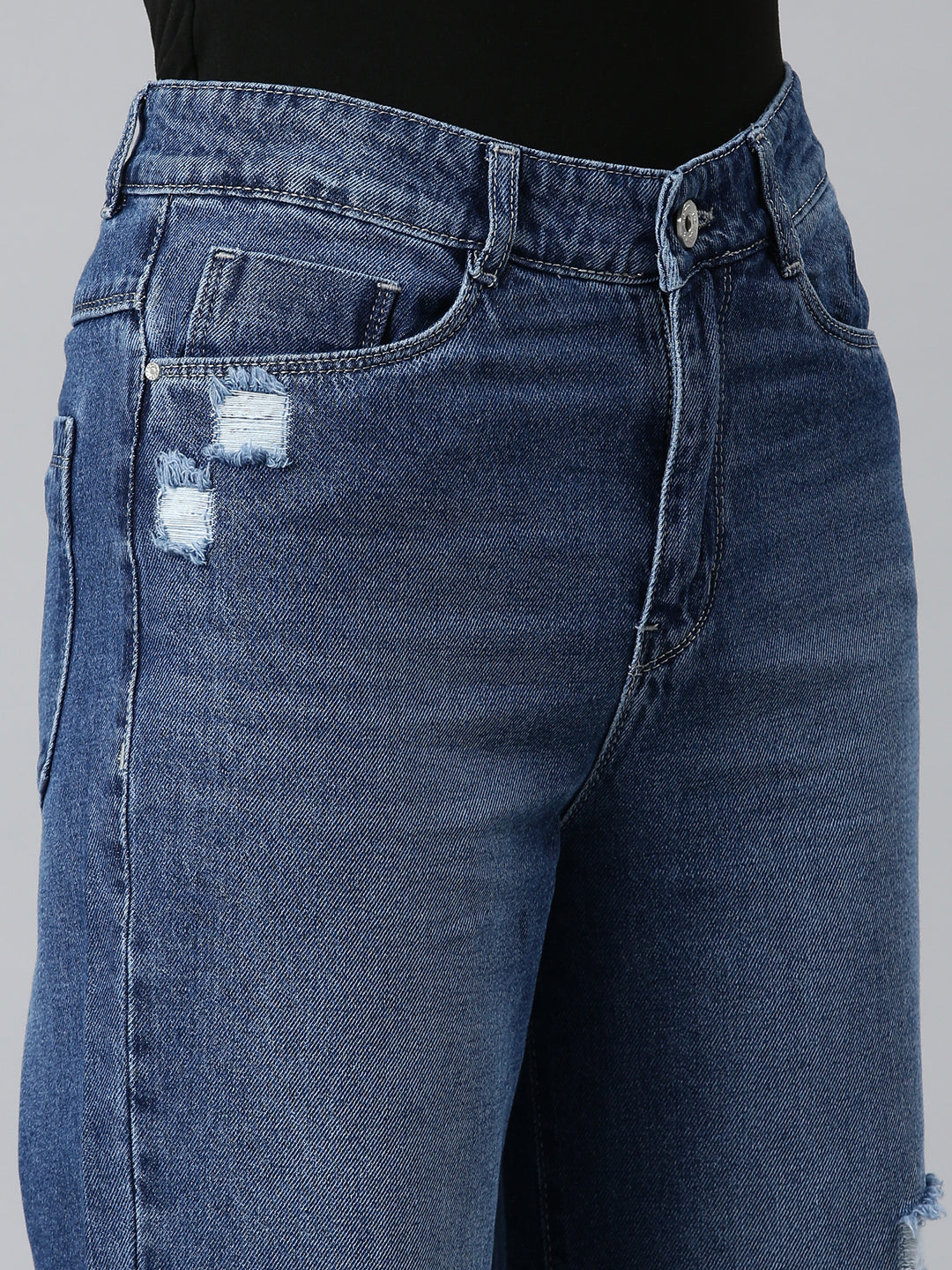 Women Blue Solid Wide Leg Denim Jeans