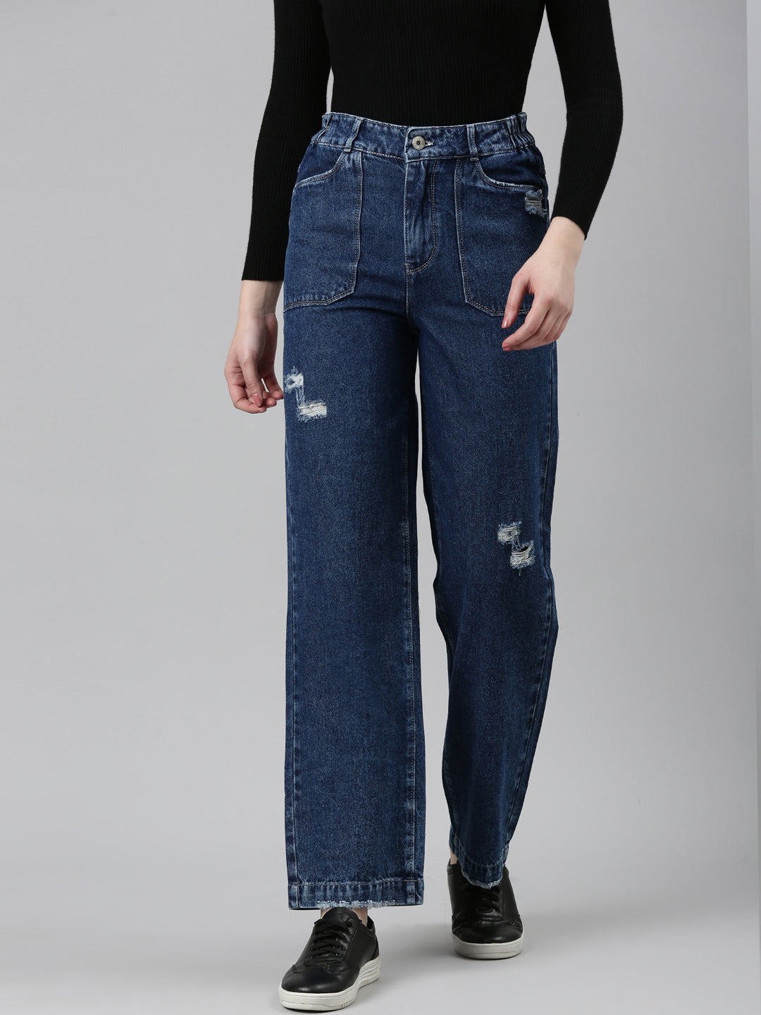 Women Blue Solid Straight Fit Denim Jeans