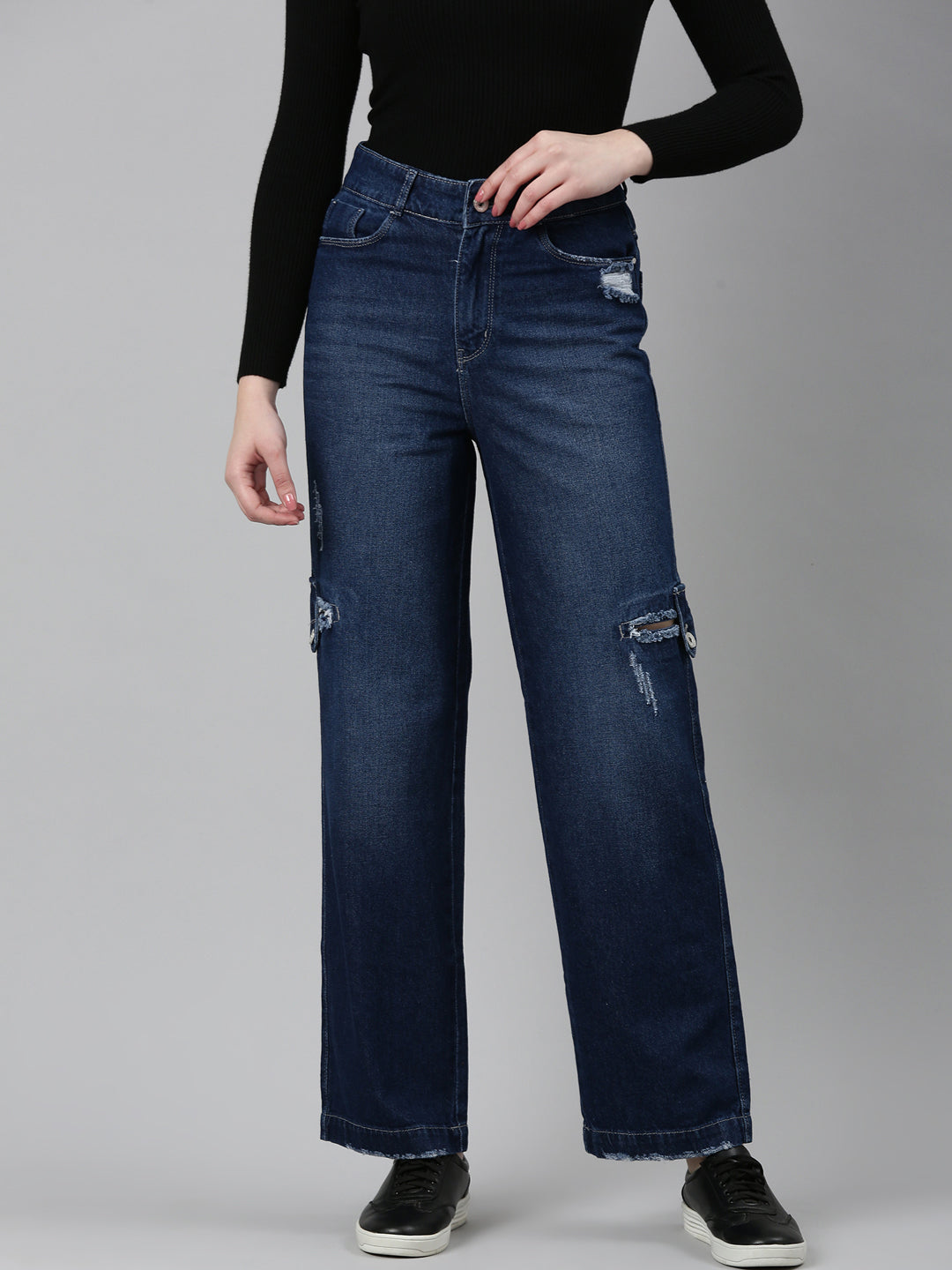 Women Navy Blue Solid Straight Fit Denim Jeans