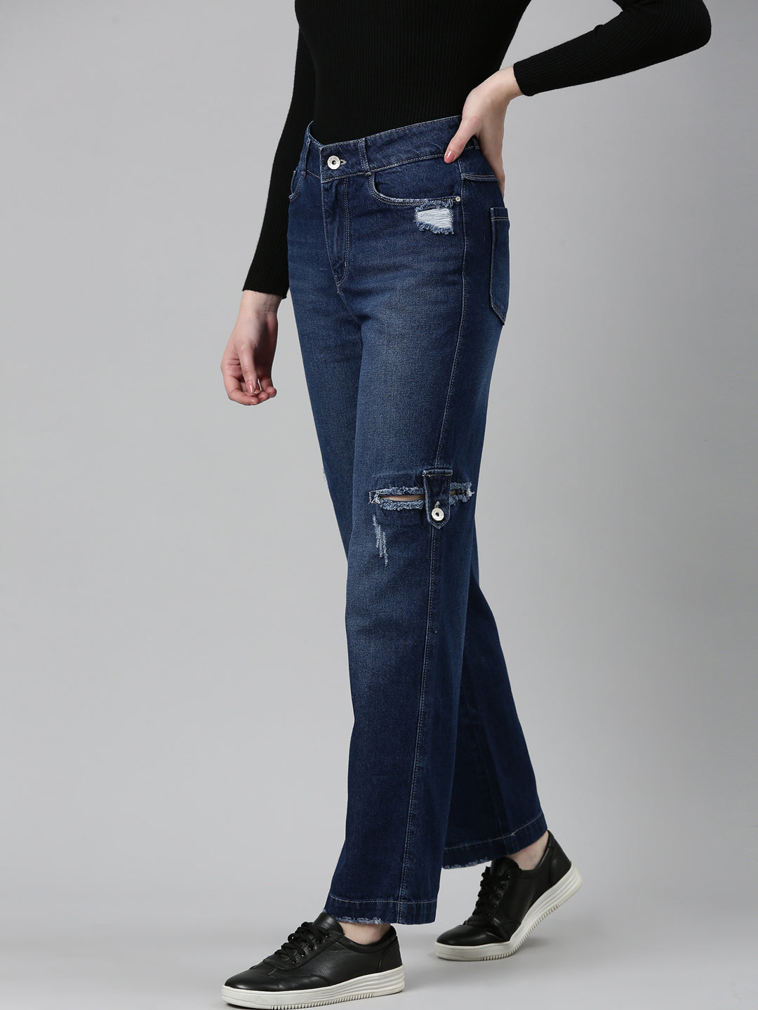 Women Navy Blue Solid Straight Fit Denim Jeans