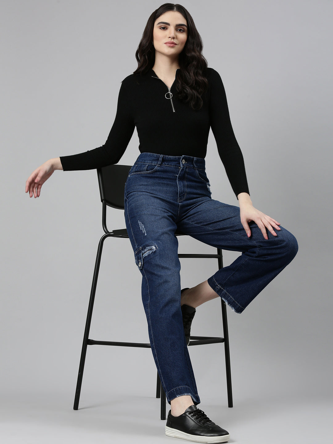 Women Navy Blue Solid Straight Fit Denim Jeans