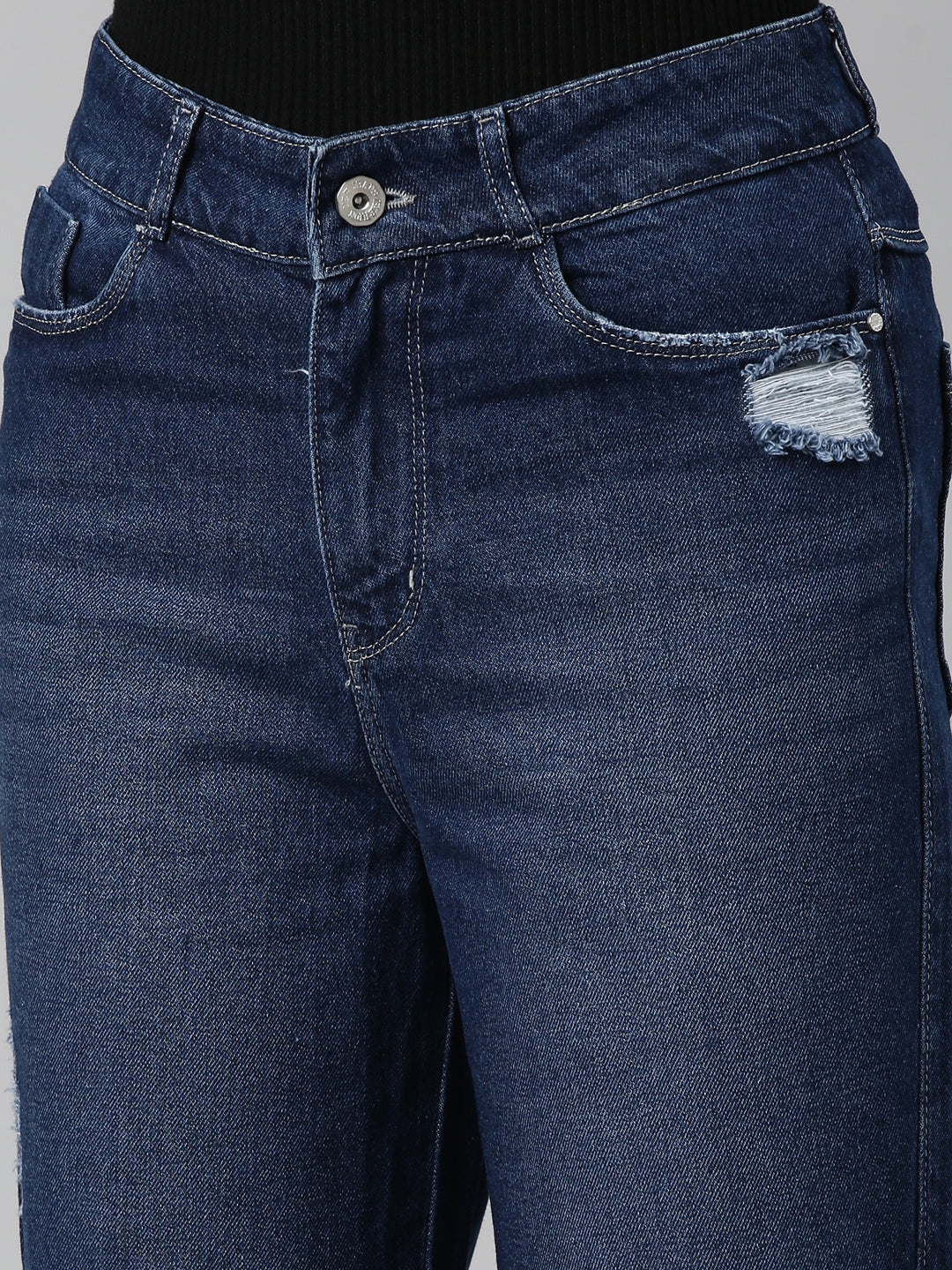 Women Navy Blue Solid Straight Fit Denim Jeans