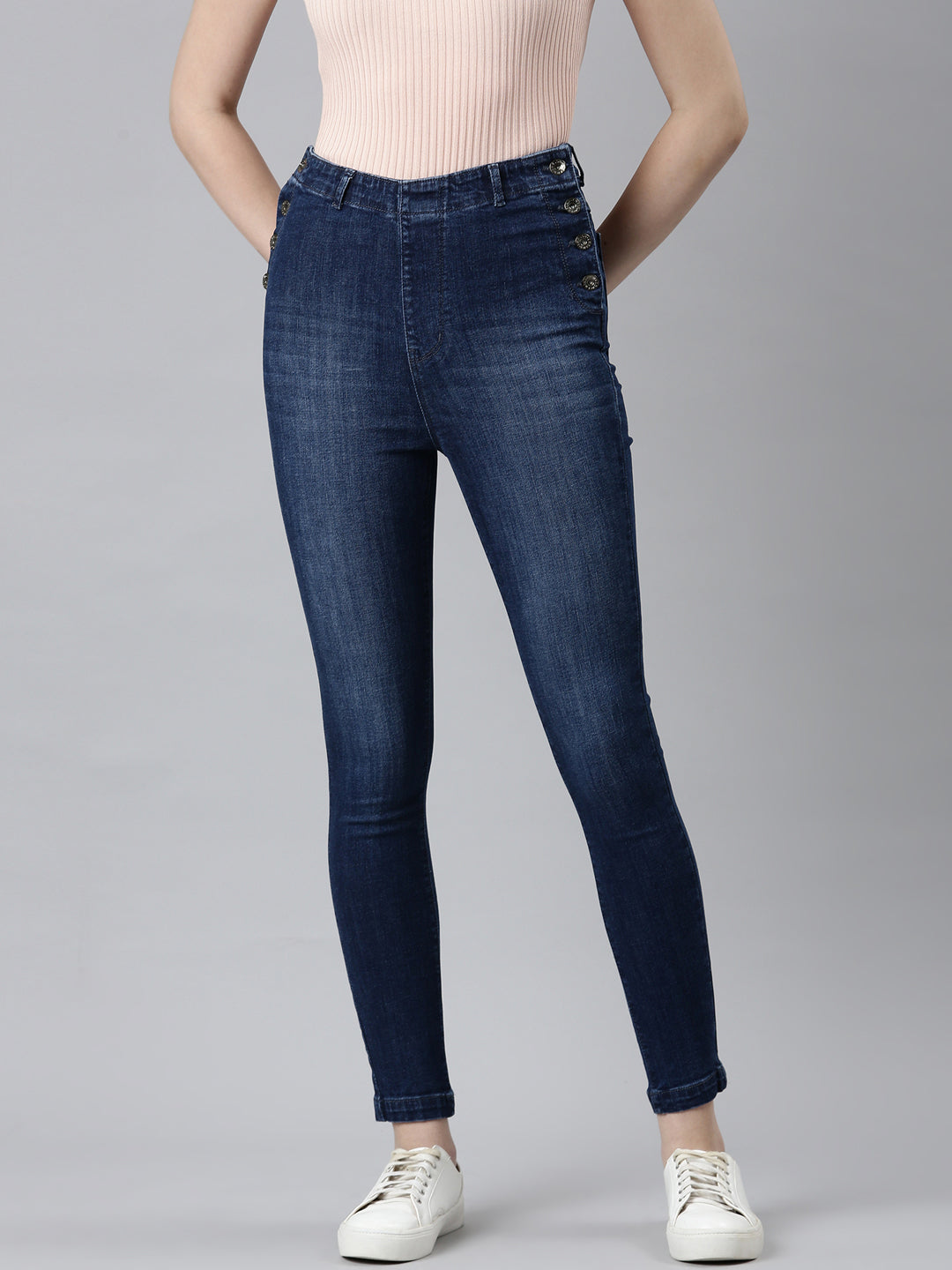 Women Navy Blue Solid Skinny Fit Denim Jeans