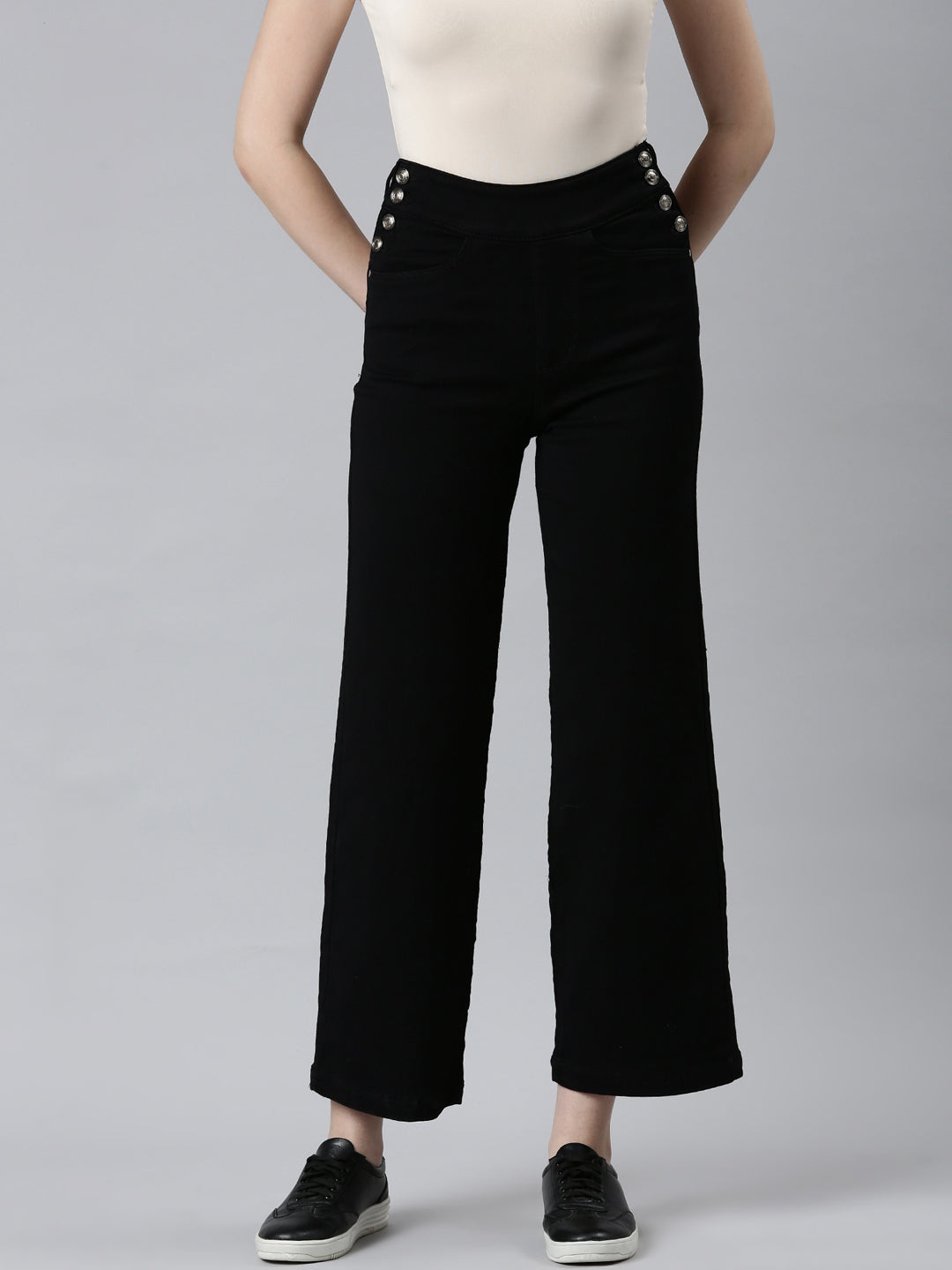 Women Black Solid Wide Leg Denim Jeans