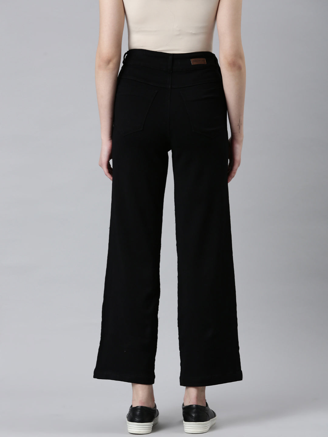 Women Black Solid Wide Leg Denim Jeans