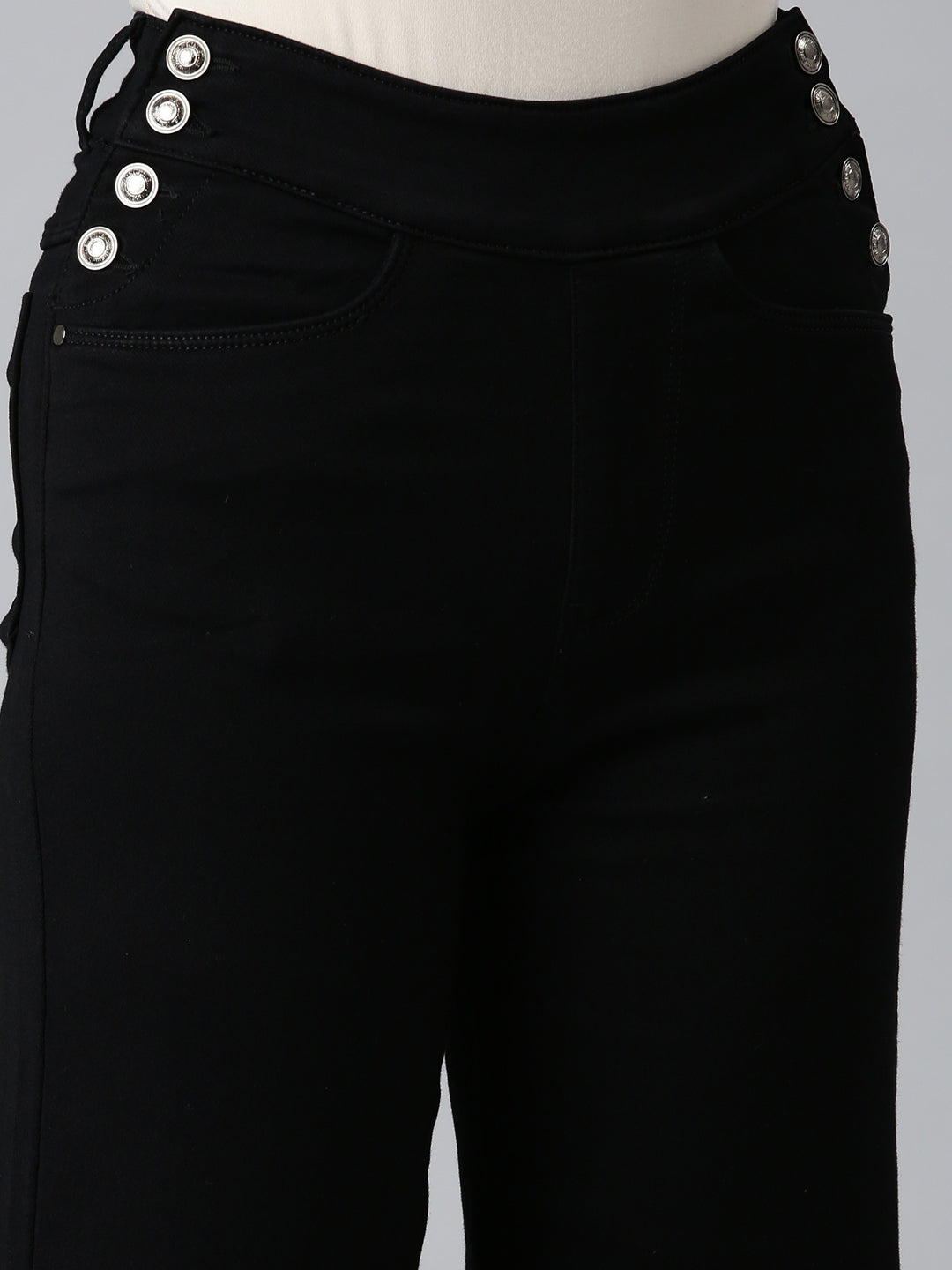 Women Black Solid Wide Leg Denim Jeans