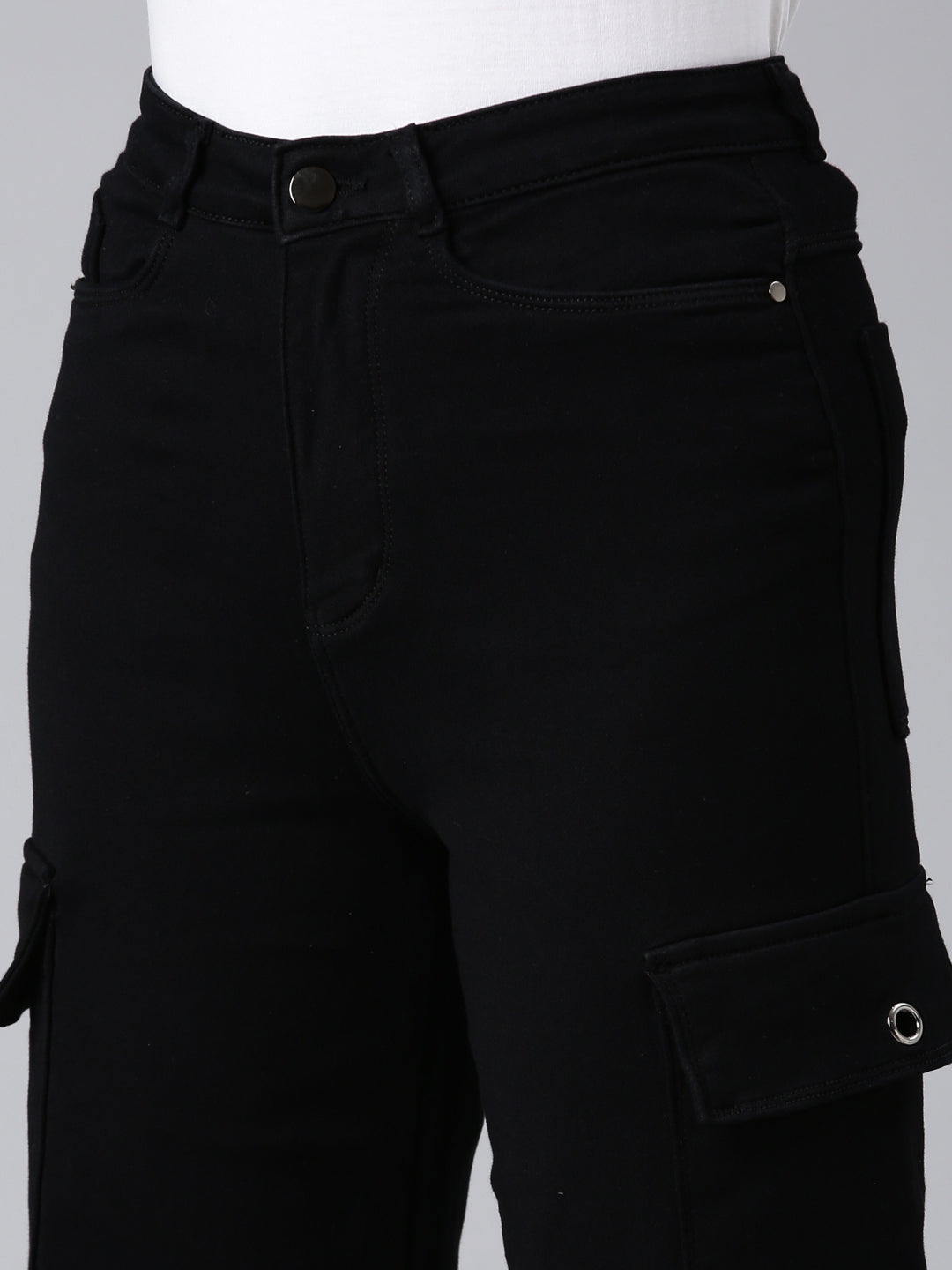 Women Black Solid Wide Leg Denim Jeans