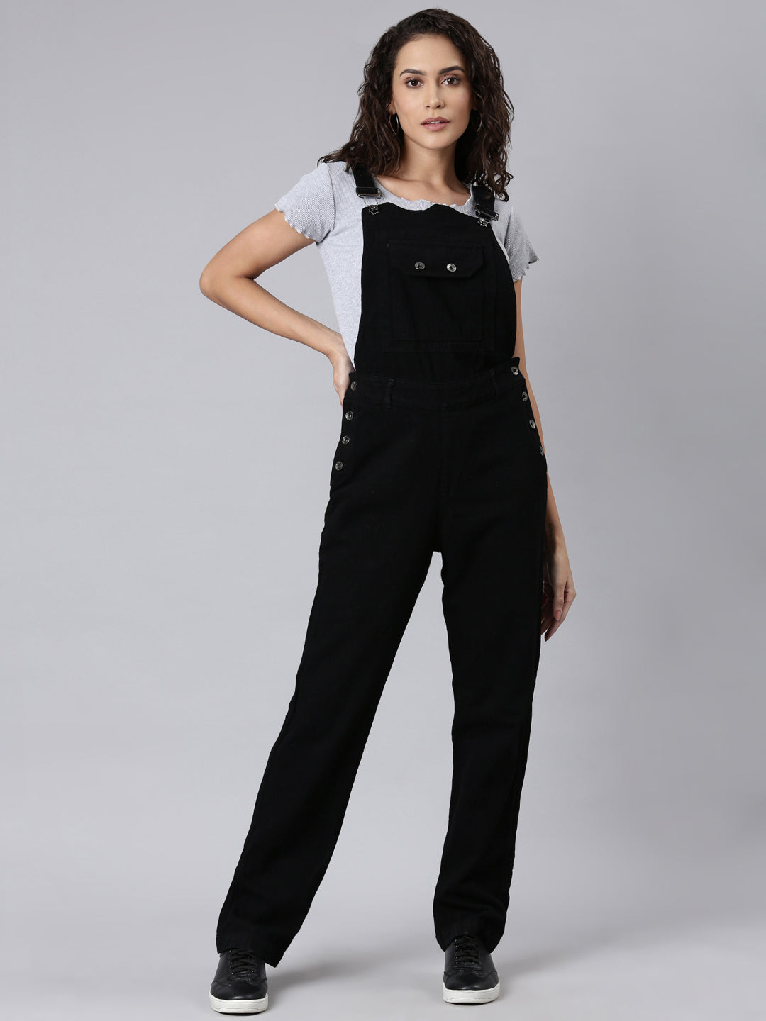 Women's Black Solid Dungaree