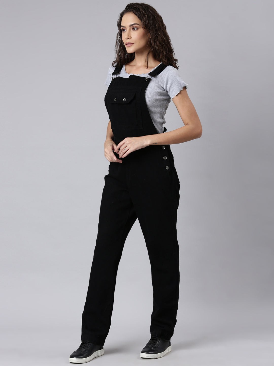 Women's Black Solid Dungaree