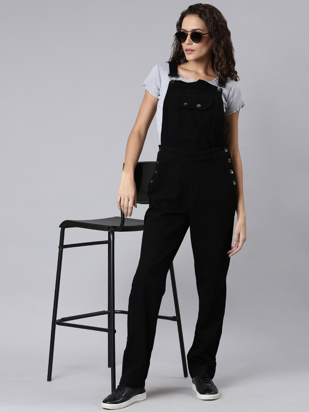 Women's Black Solid Dungaree