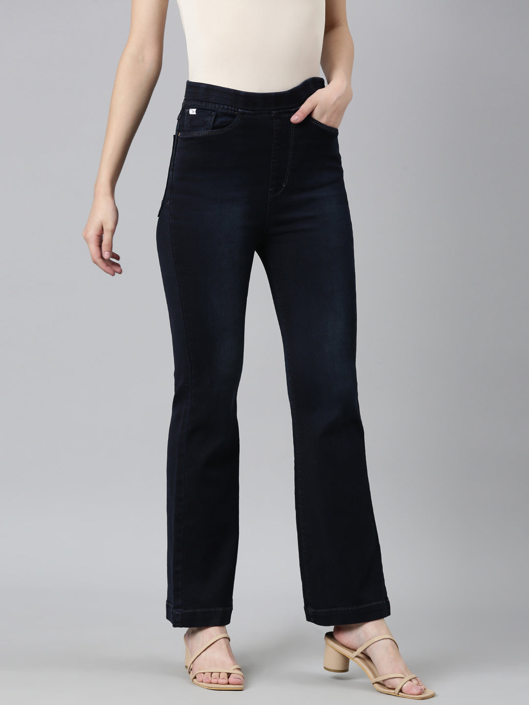 Women Navy Blue Solid Flared Denim Jeans