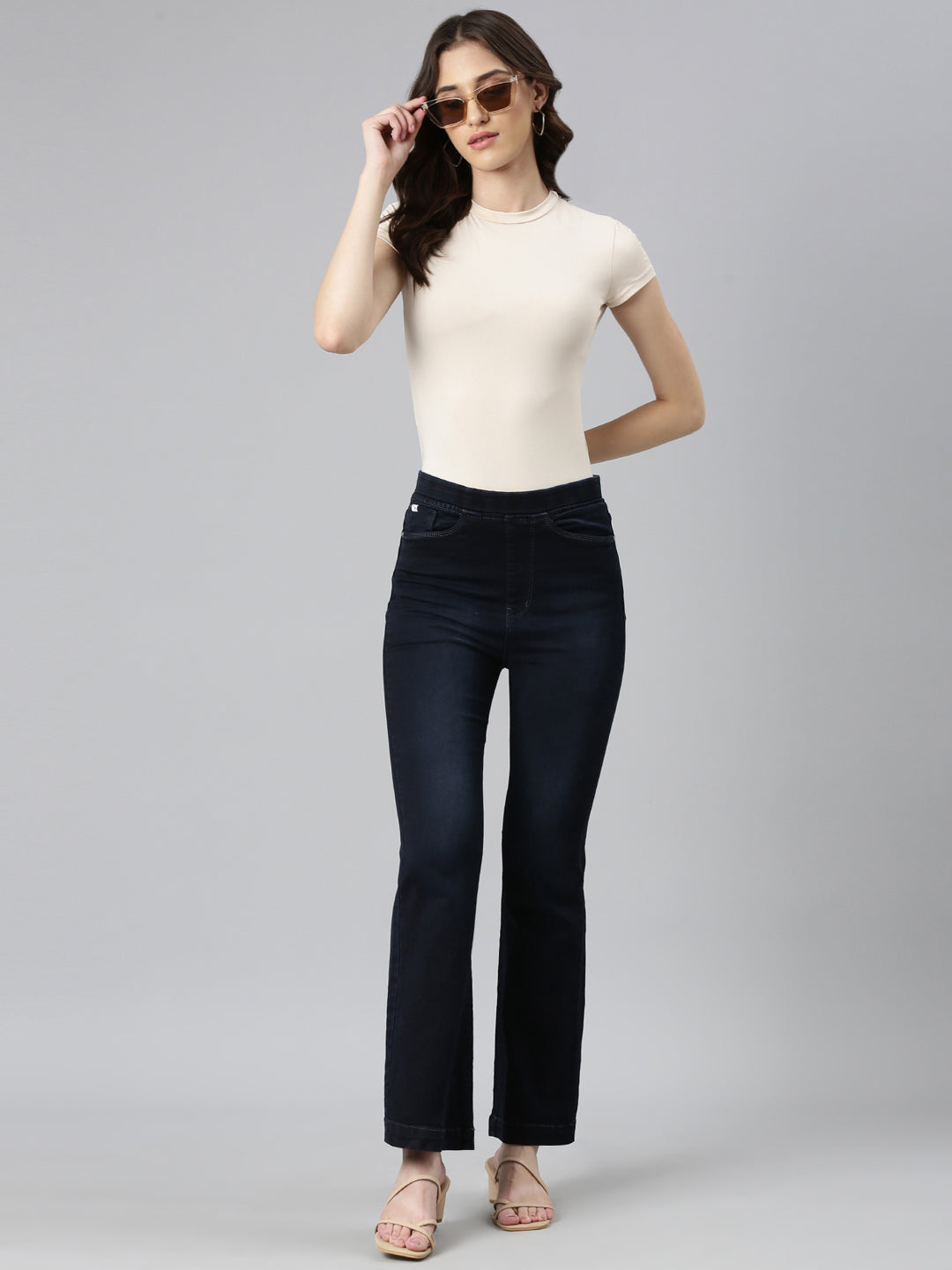 Women Navy Blue Solid Flared Denim Jeans