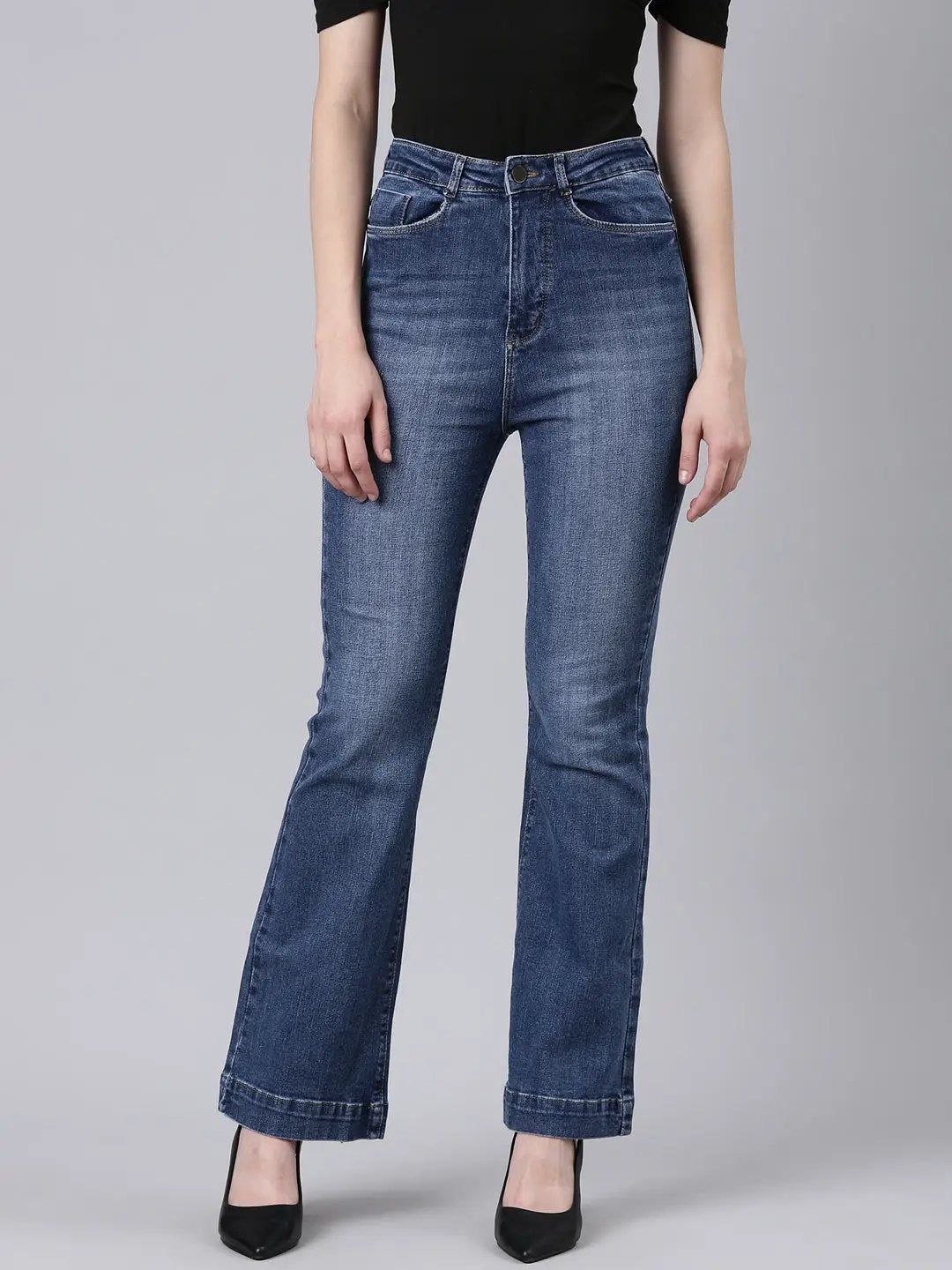 Women's Navy Blue Flared Light Fade Acid Wash Denim Jeans