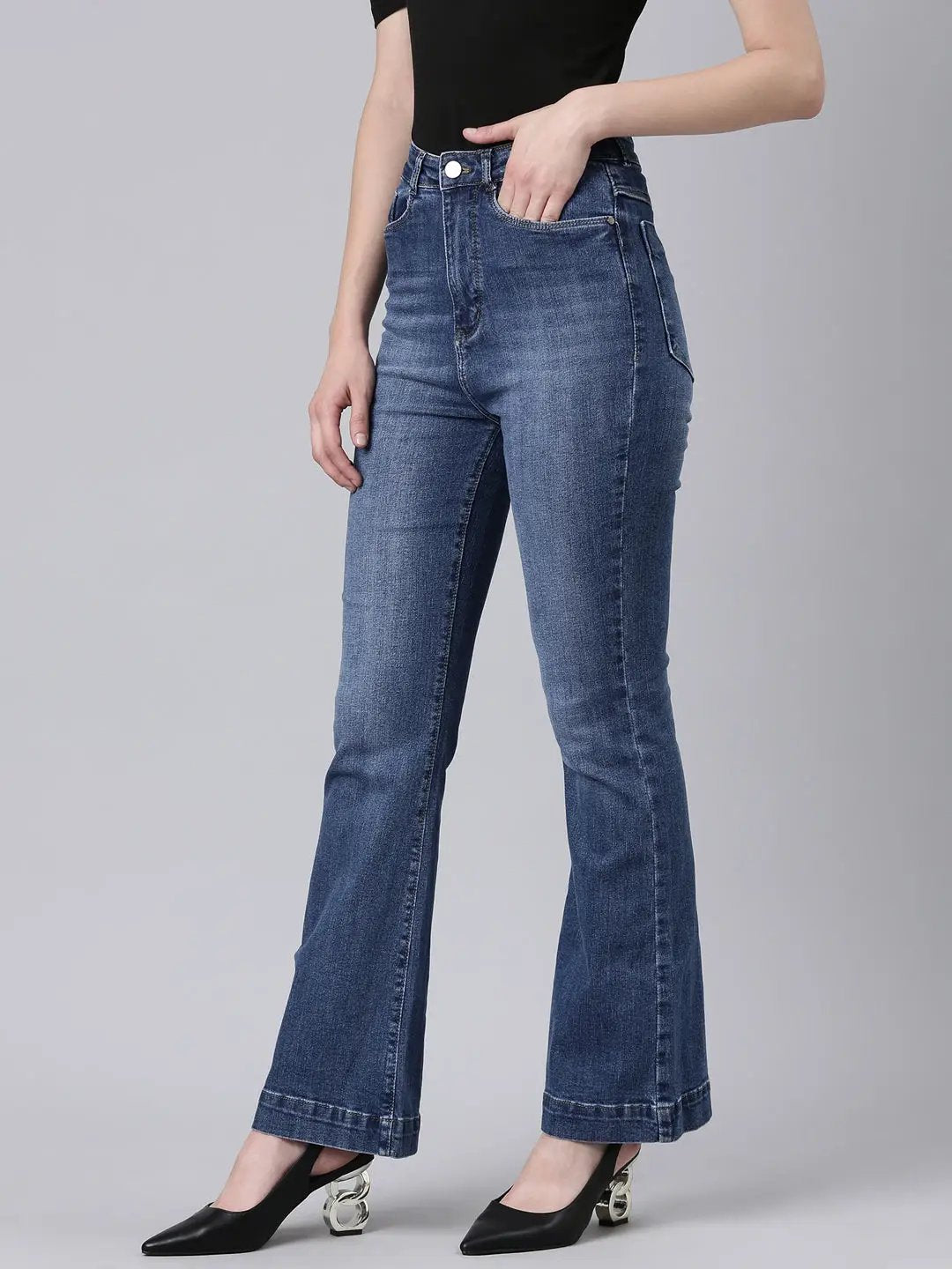 Women's Navy Blue Flared Light Fade Acid Wash Denim Jeans