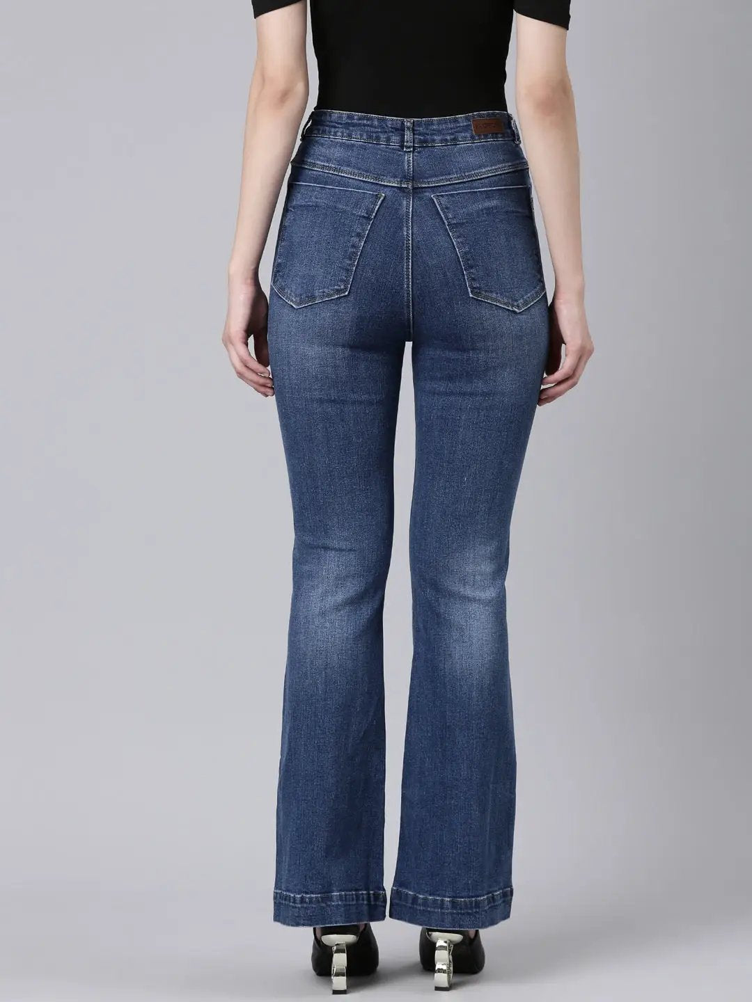 Women's Navy Blue Flared Light Fade Acid Wash Denim Jeans