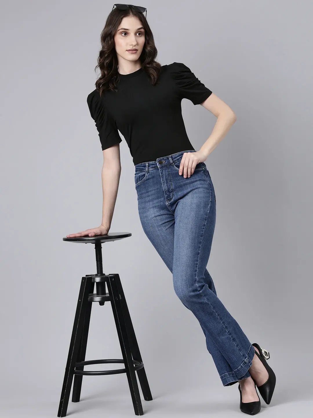 Women's Navy Blue Flared Light Fade Acid Wash Denim Jeans