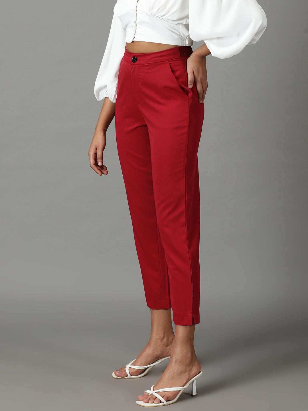 Women's Maroon Solid Formal Trouser