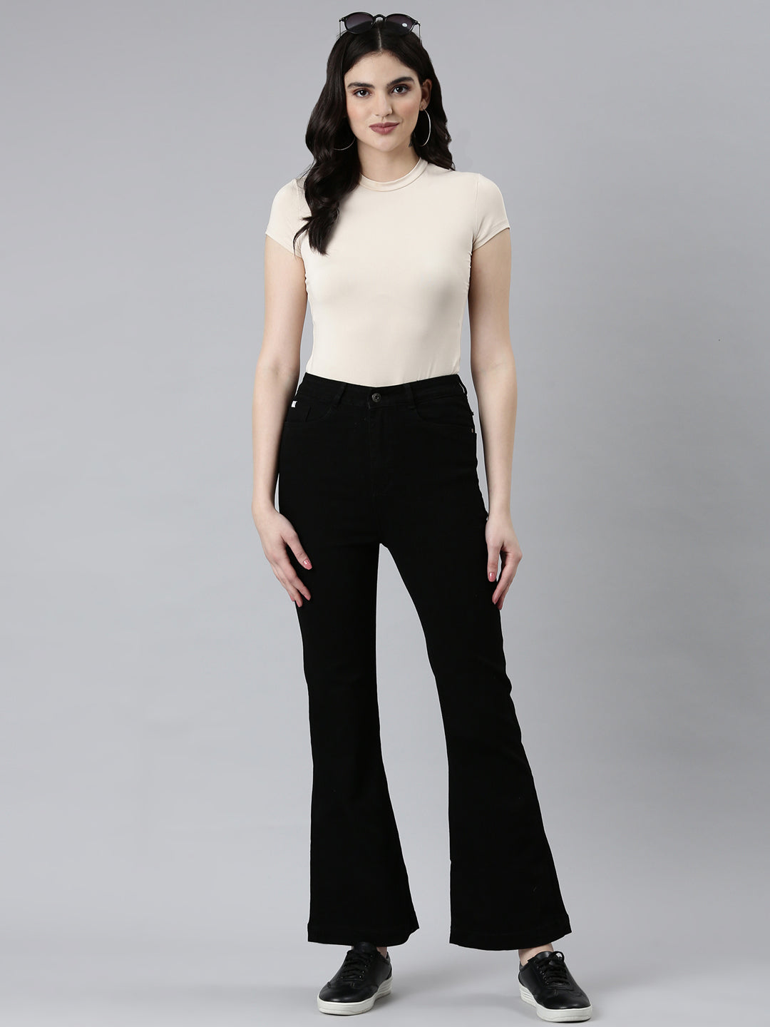 Women Black Solid Wide Leg Denim Jeans