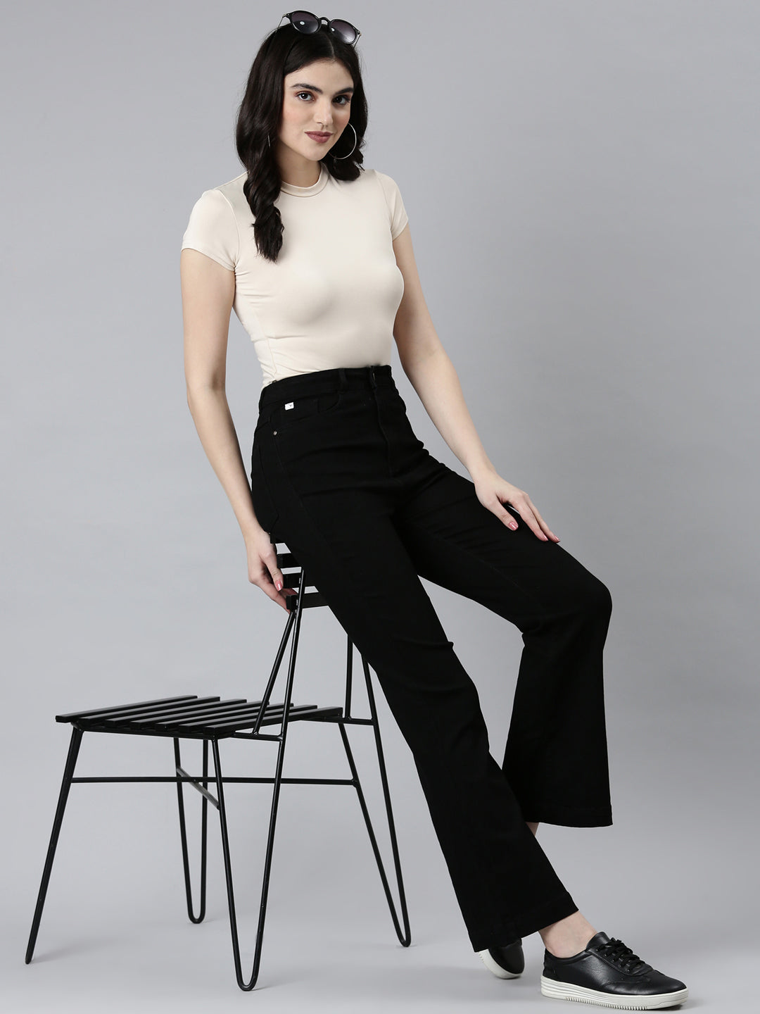 Women Black Solid Wide Leg Denim Jeans