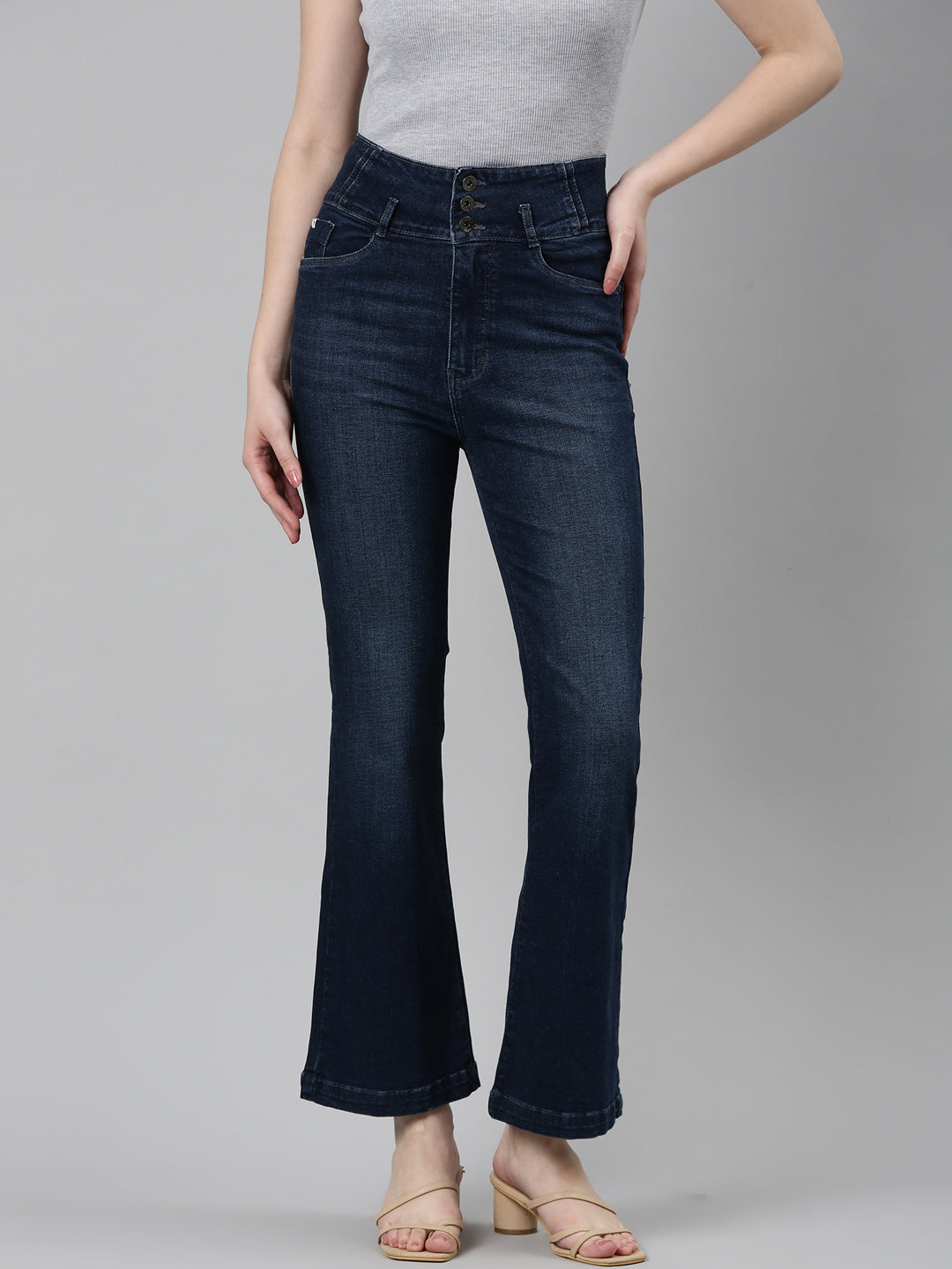 Women Navy Blue Solid Flared Denim Jeans