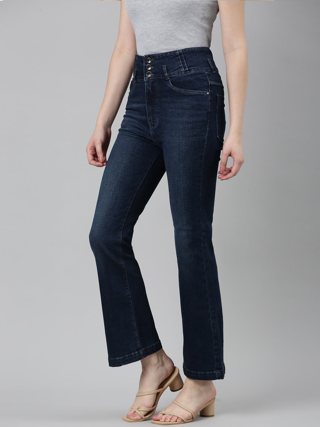 Women Navy Blue Solid Flared Denim Jeans