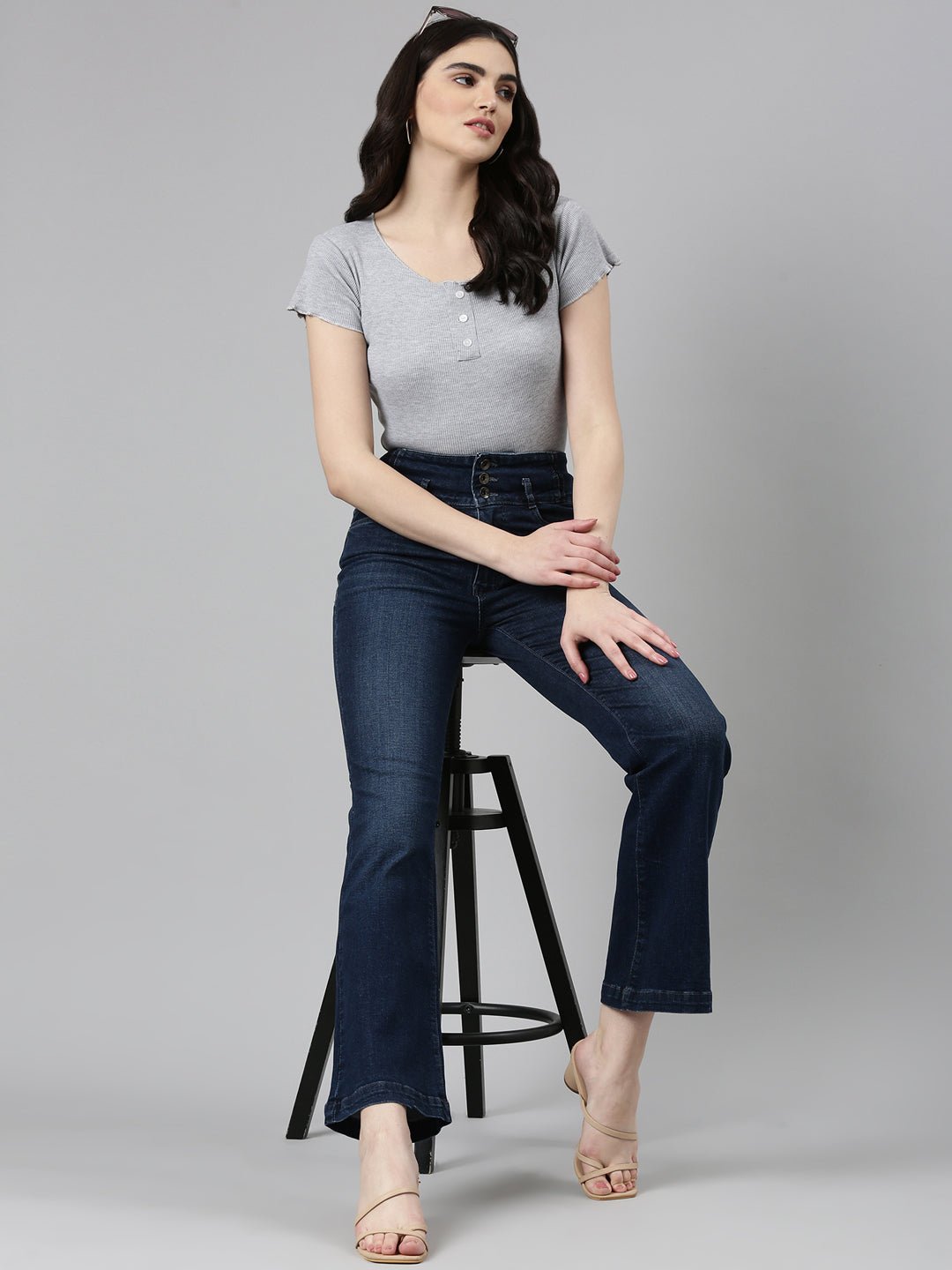 Women Navy Blue Solid Flared Denim Jeans