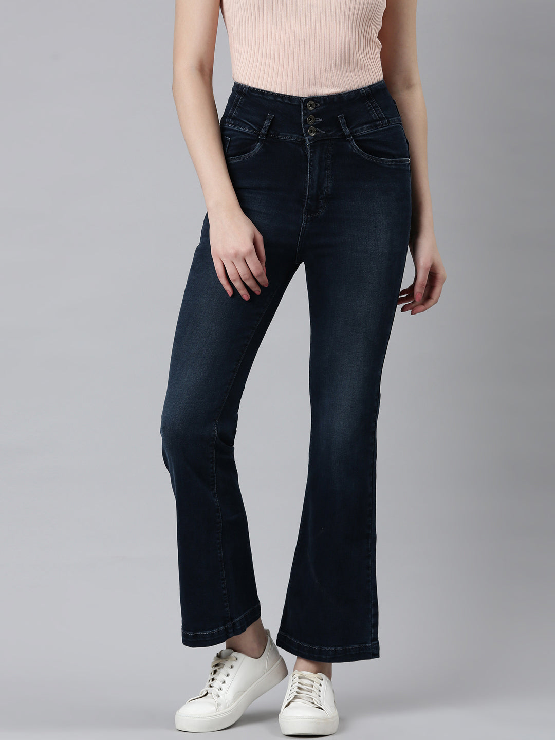 Women Navy Blue Solid Flared Denim Jeans