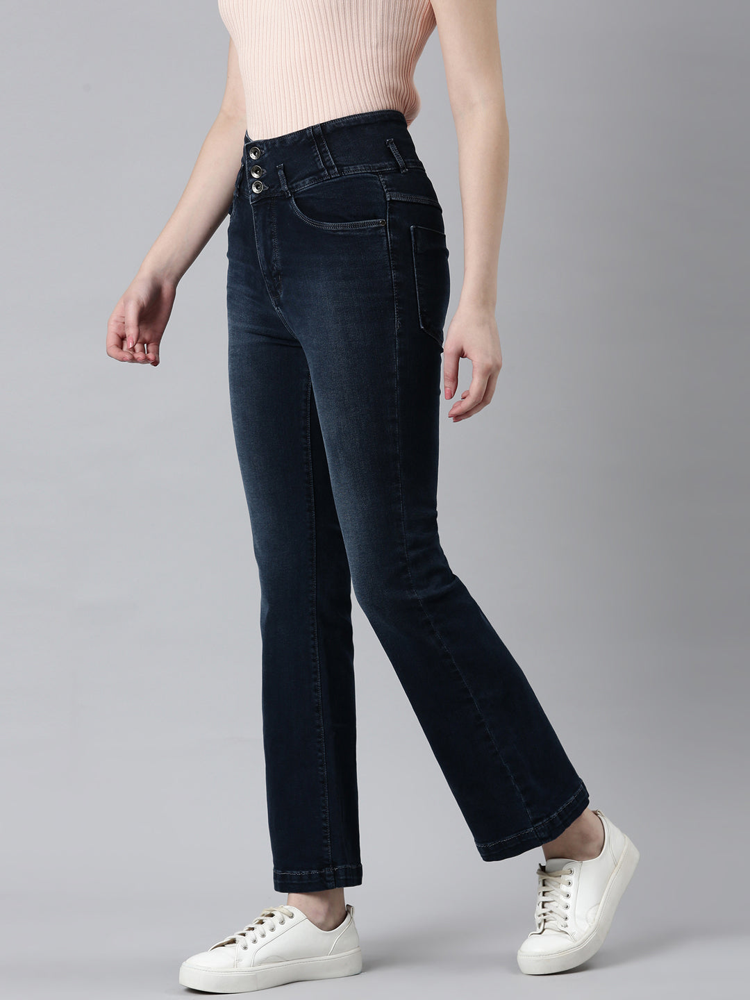 Women Navy Blue Solid Flared Denim Jeans