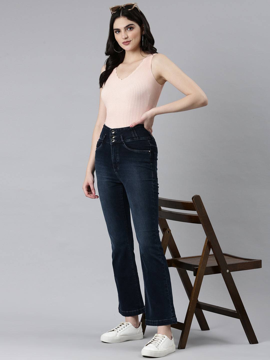 Women Navy Blue Solid Flared Denim Jeans