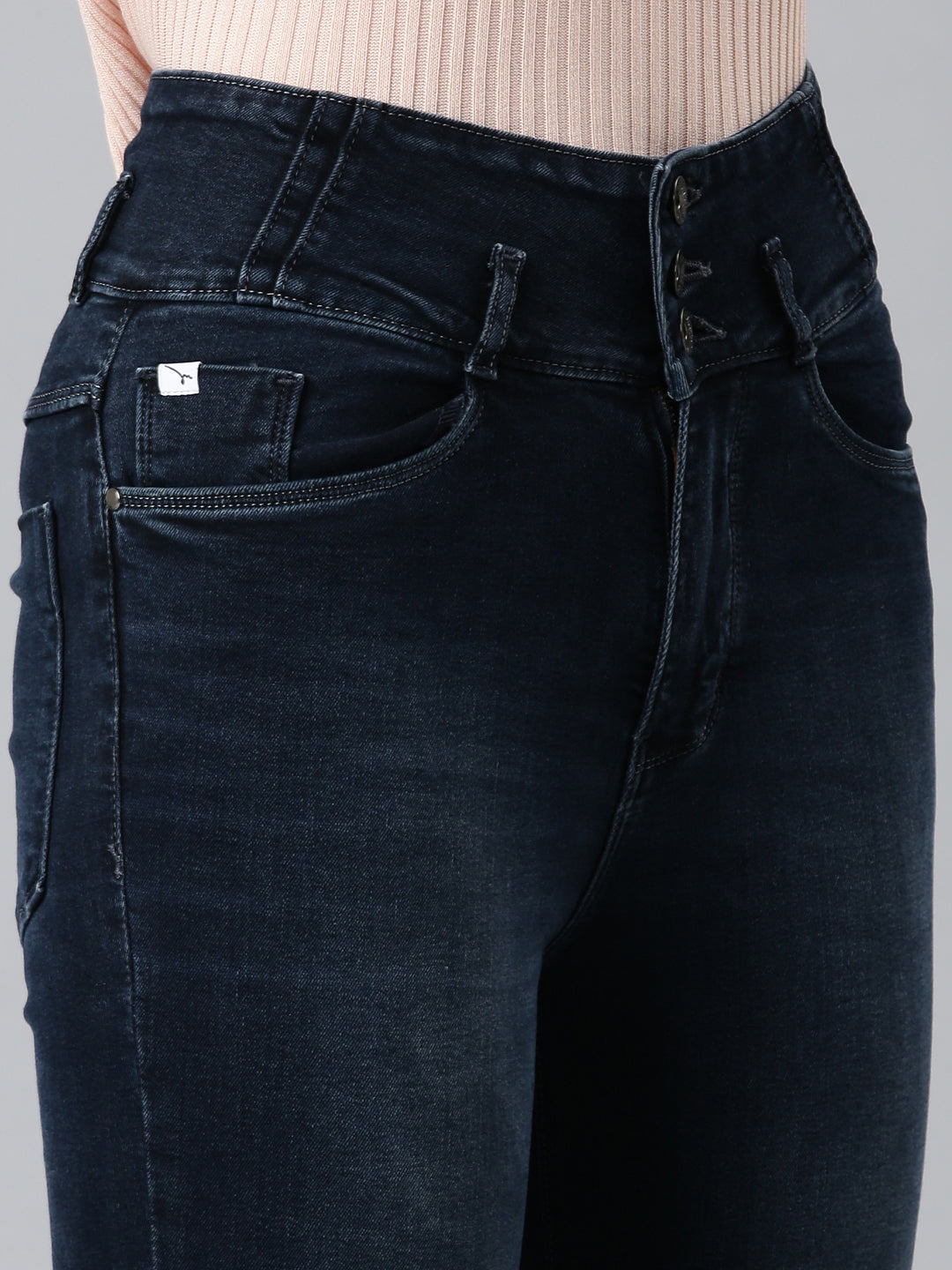 Women Navy Blue Solid Flared Denim Jeans