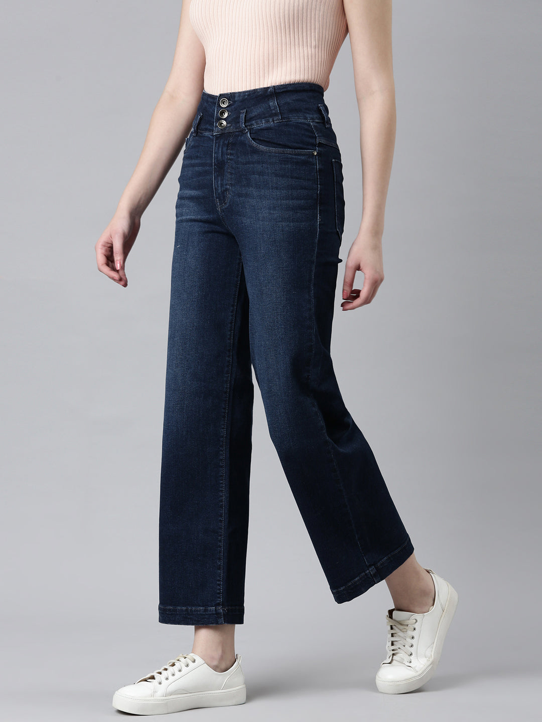 Women Navy Blue Solid Straight Fit Denim Jeans