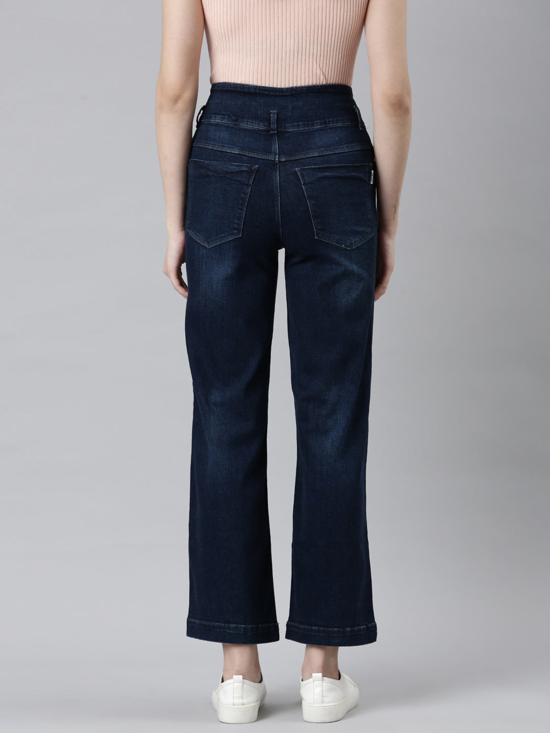 Women Navy Blue Solid Straight Fit Denim Jeans