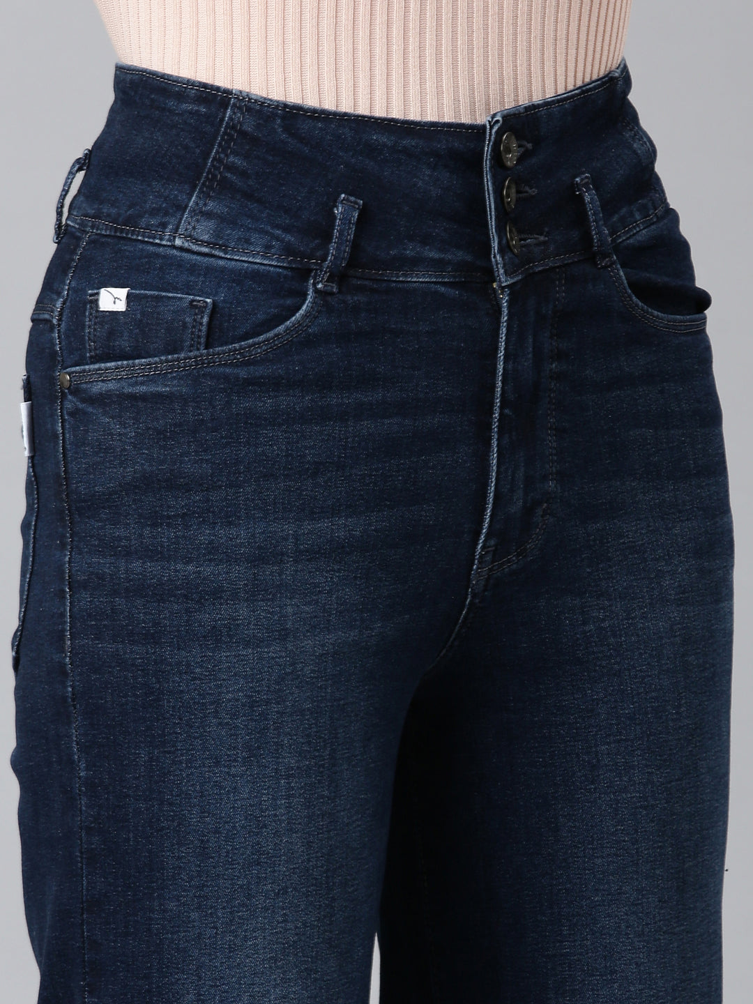 Women Navy Blue Solid Straight Fit Denim Jeans