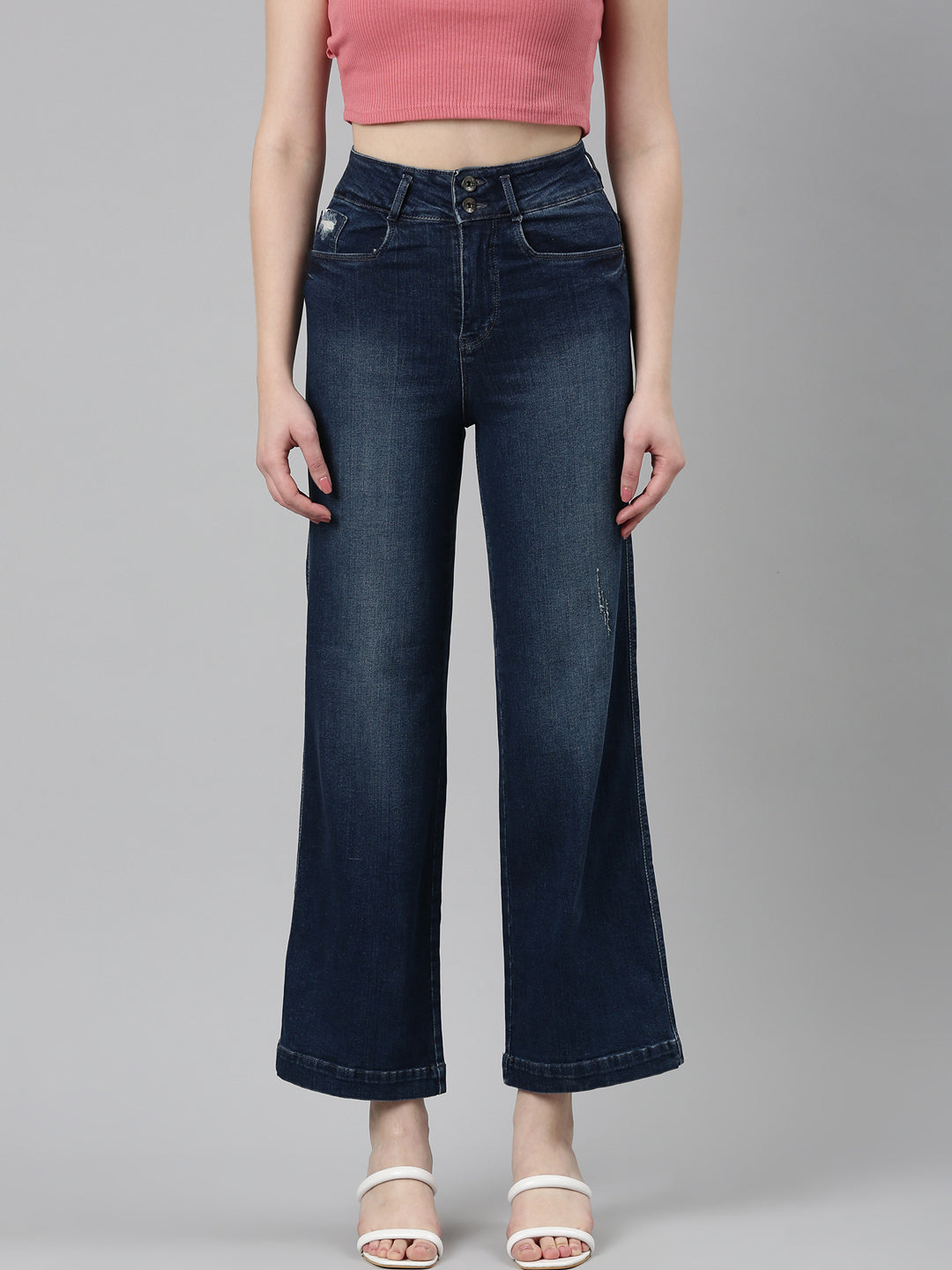 Women Navy Blue Solid Wide Leg Denim Jeans