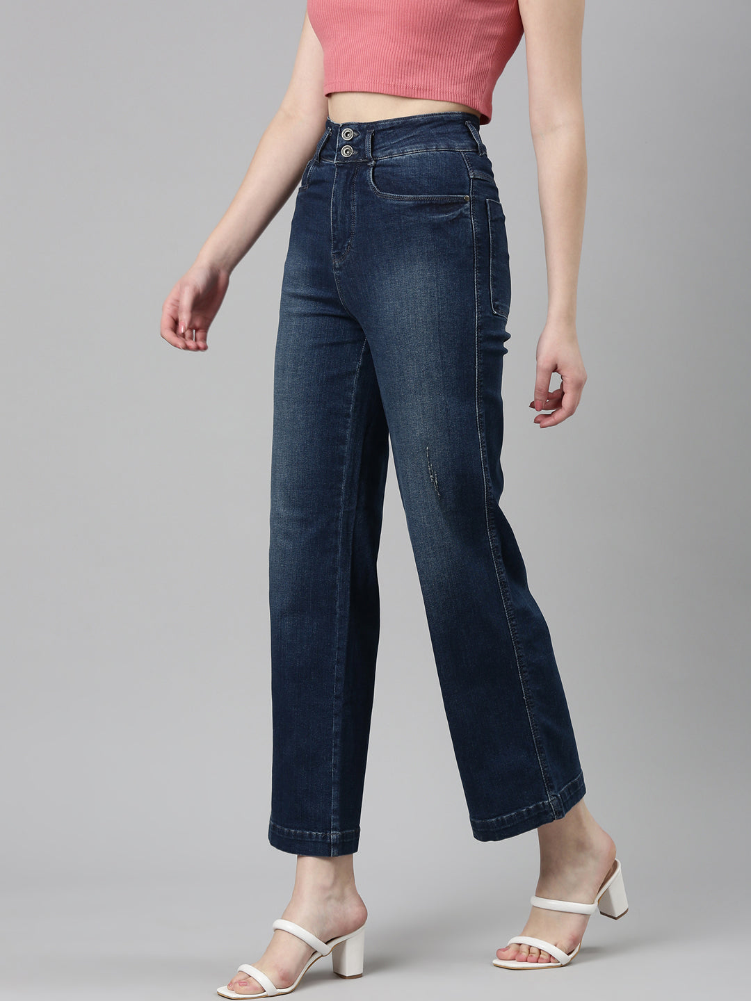 Women Navy Blue Solid Wide Leg Denim Jeans